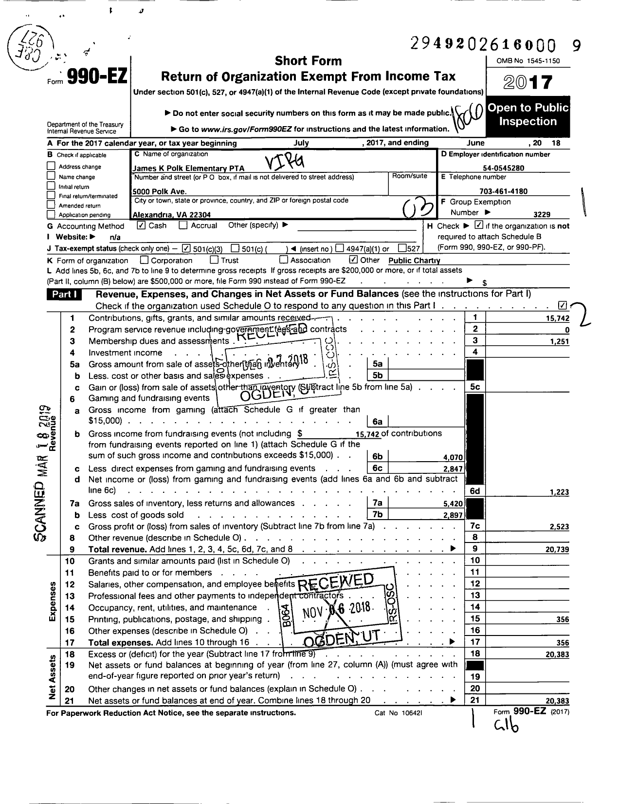 Image of first page of 2017 Form 990EZ for Virginia PTA - James K Polk Elem PTA