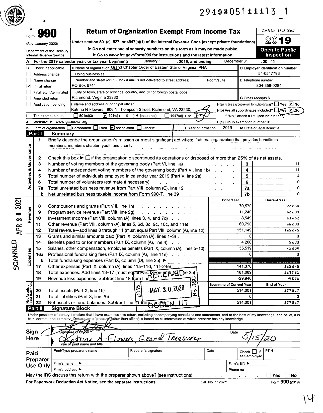 Image of first page of 2019 Form 990O for Grand Order of the Eastern Star of Virginia Pha