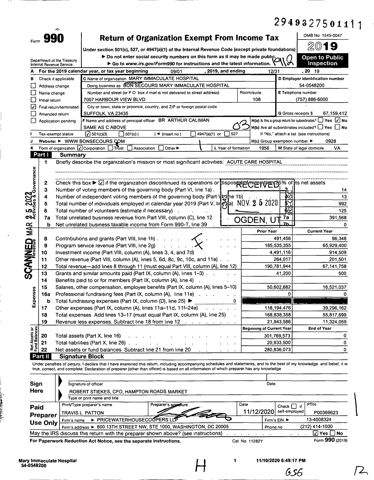 Image of first page of 2019 Form 990 for Mary Immaculate Hospital
