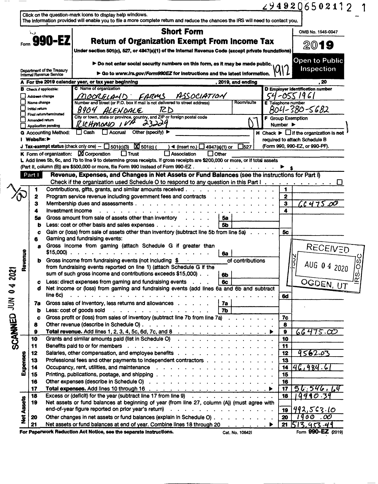 Image of first page of 2019 Form 990EO for Mooreland Farm Association