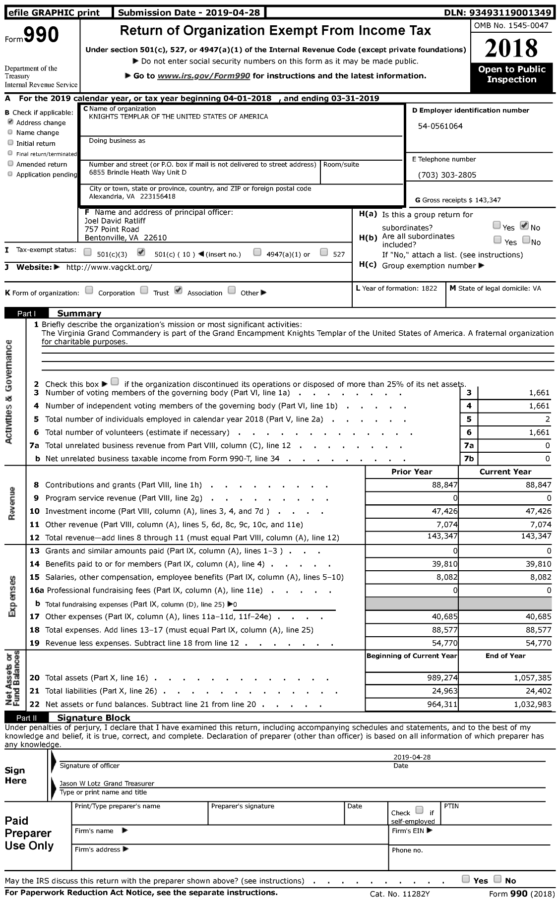 Image of first page of 2018 Form 990 for Knights Templar of the United States of America (Grand Commandery of Virginia)