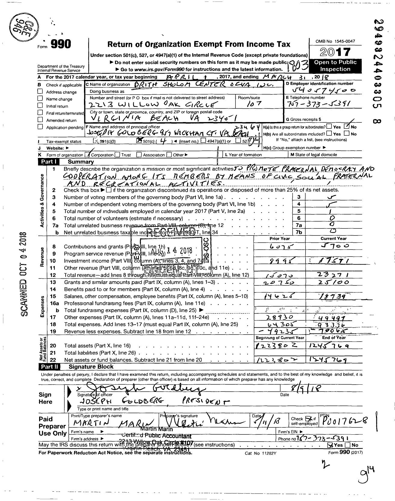 Image of first page of 2017 Form 990O for Brith Sholom Center of Virginia