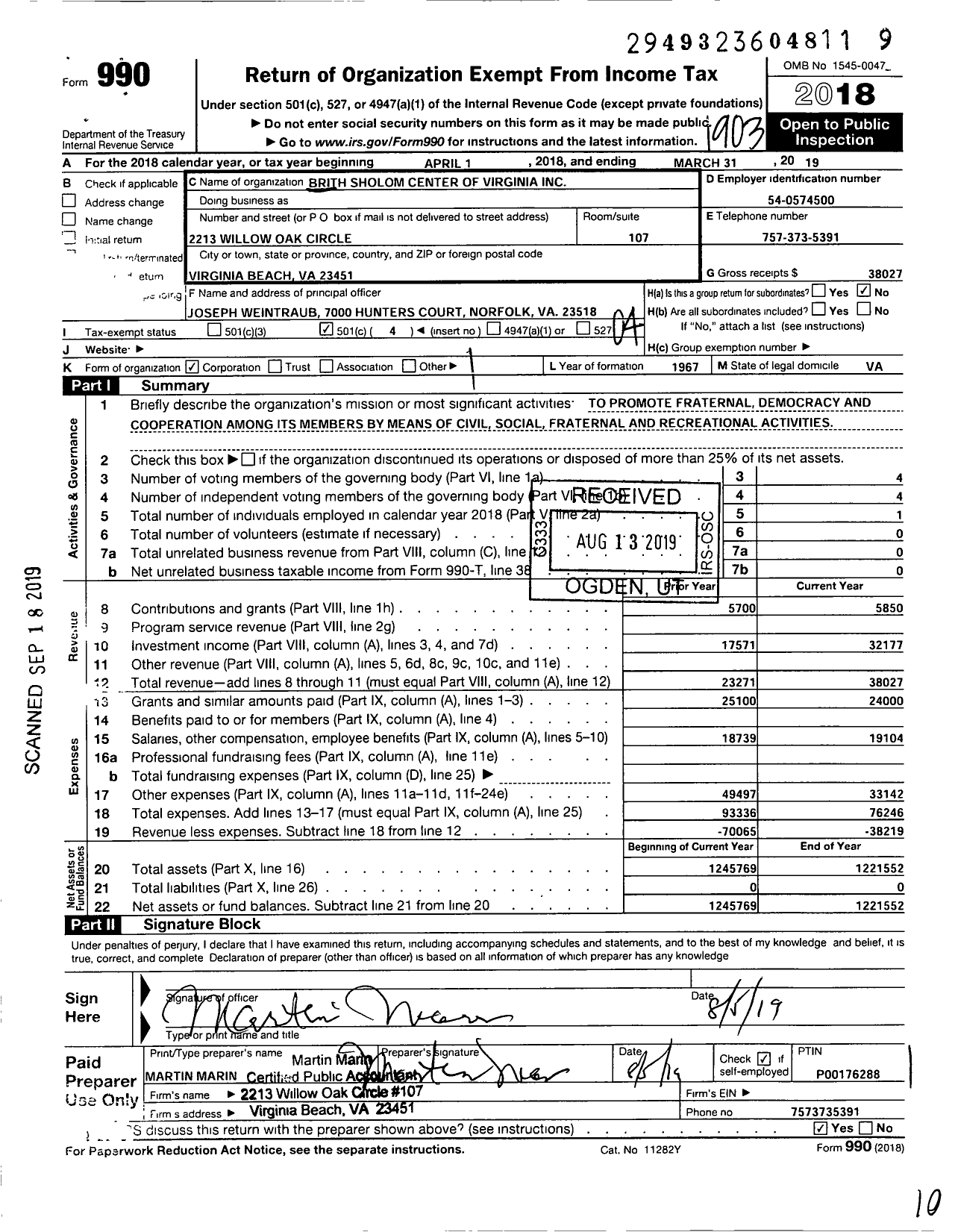 Image of first page of 2018 Form 990O for Brith Sholom Center of Virginia