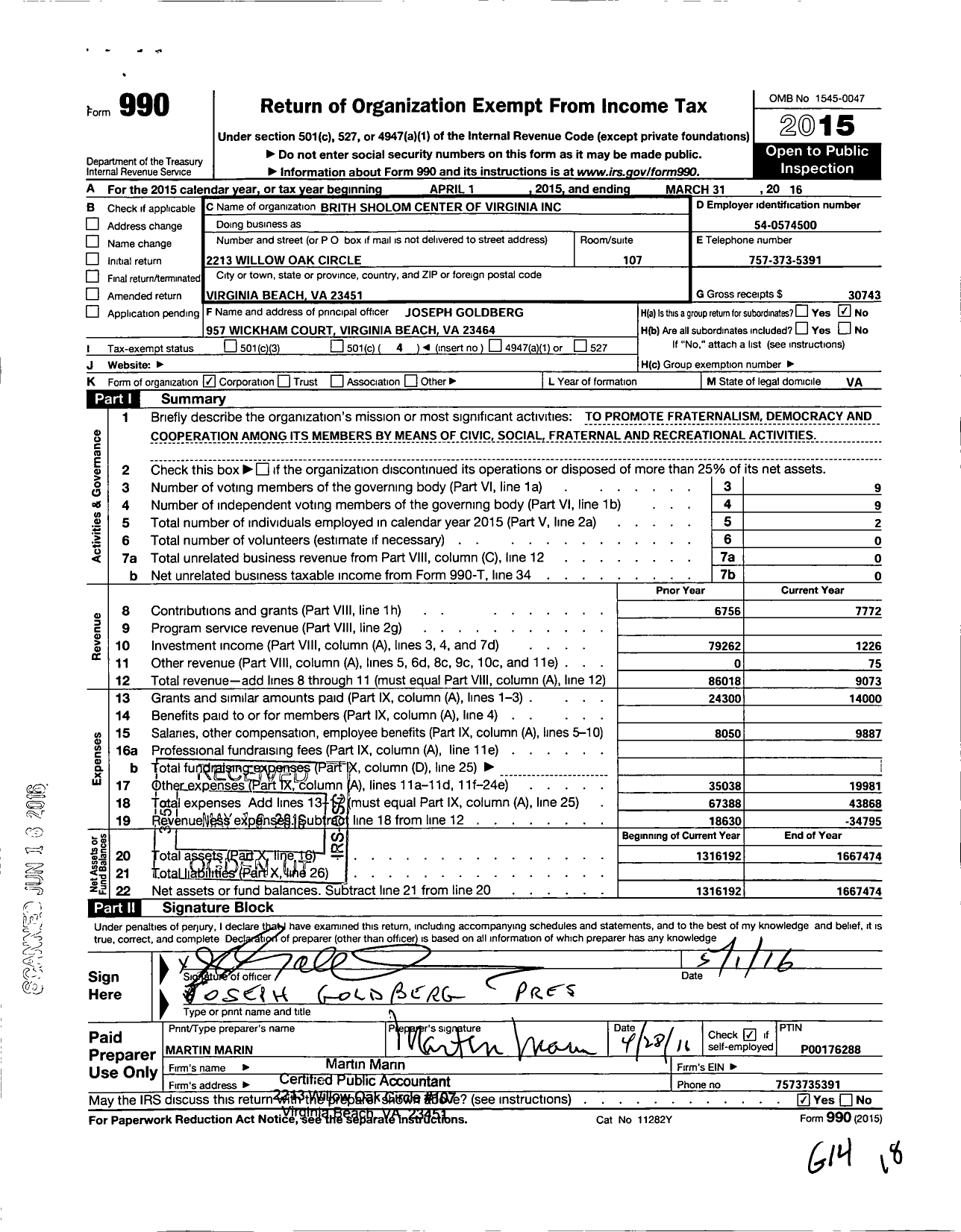 Image of first page of 2015 Form 990O for Brith Sholom Center of Virginia