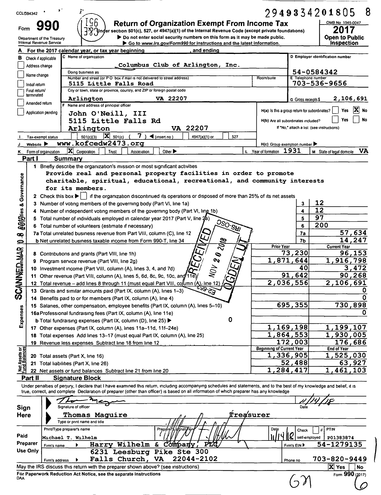 Image of first page of 2017 Form 990O for Columbus Club of Arlington