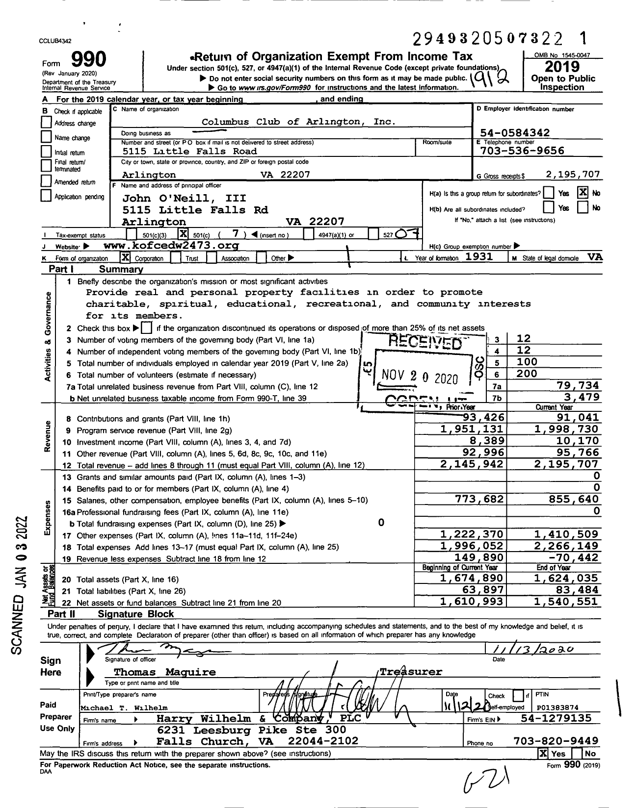 Image of first page of 2019 Form 990O for Columbus Club of Arlington