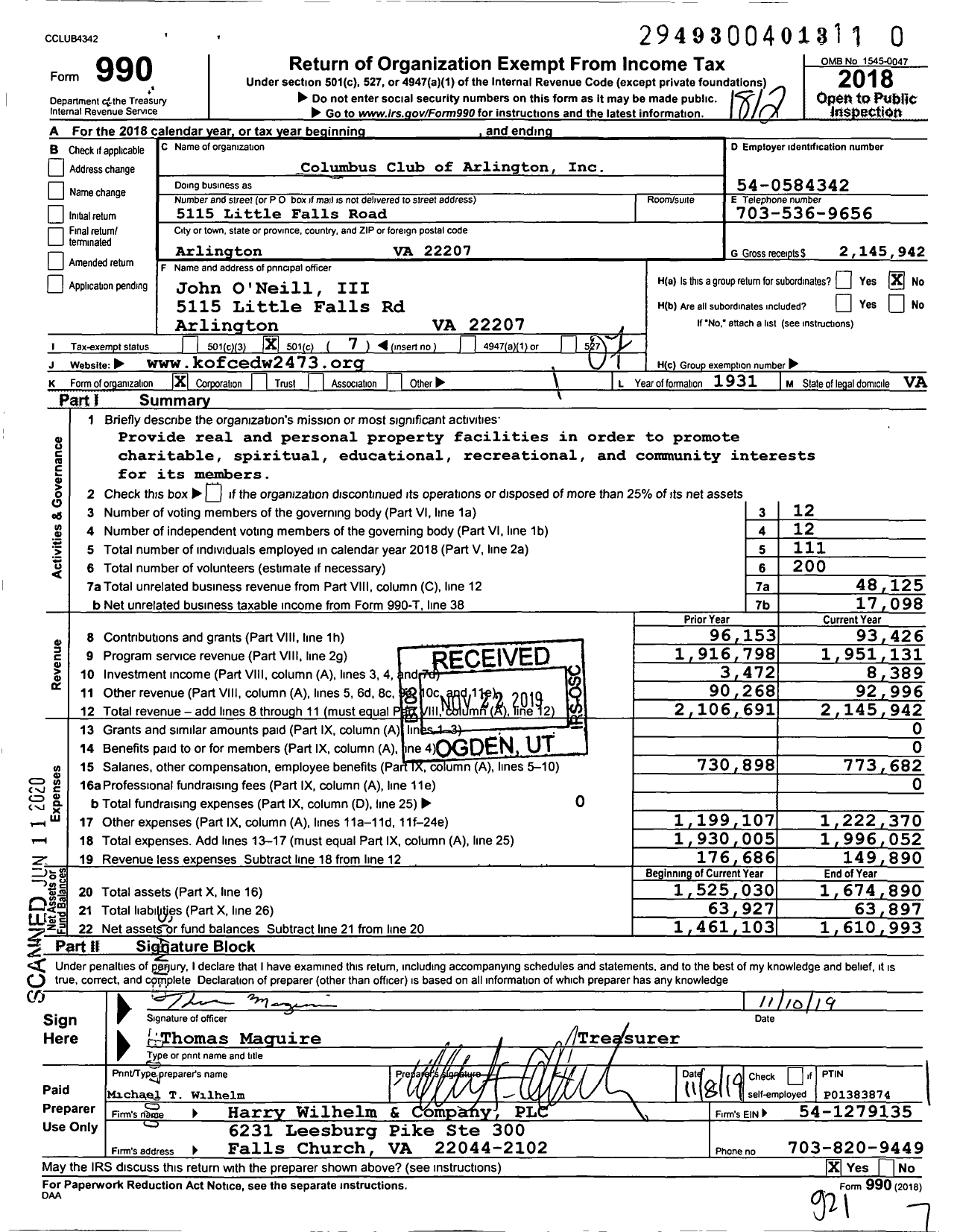 Image of first page of 2018 Form 990O for Columbus Club of Arlington