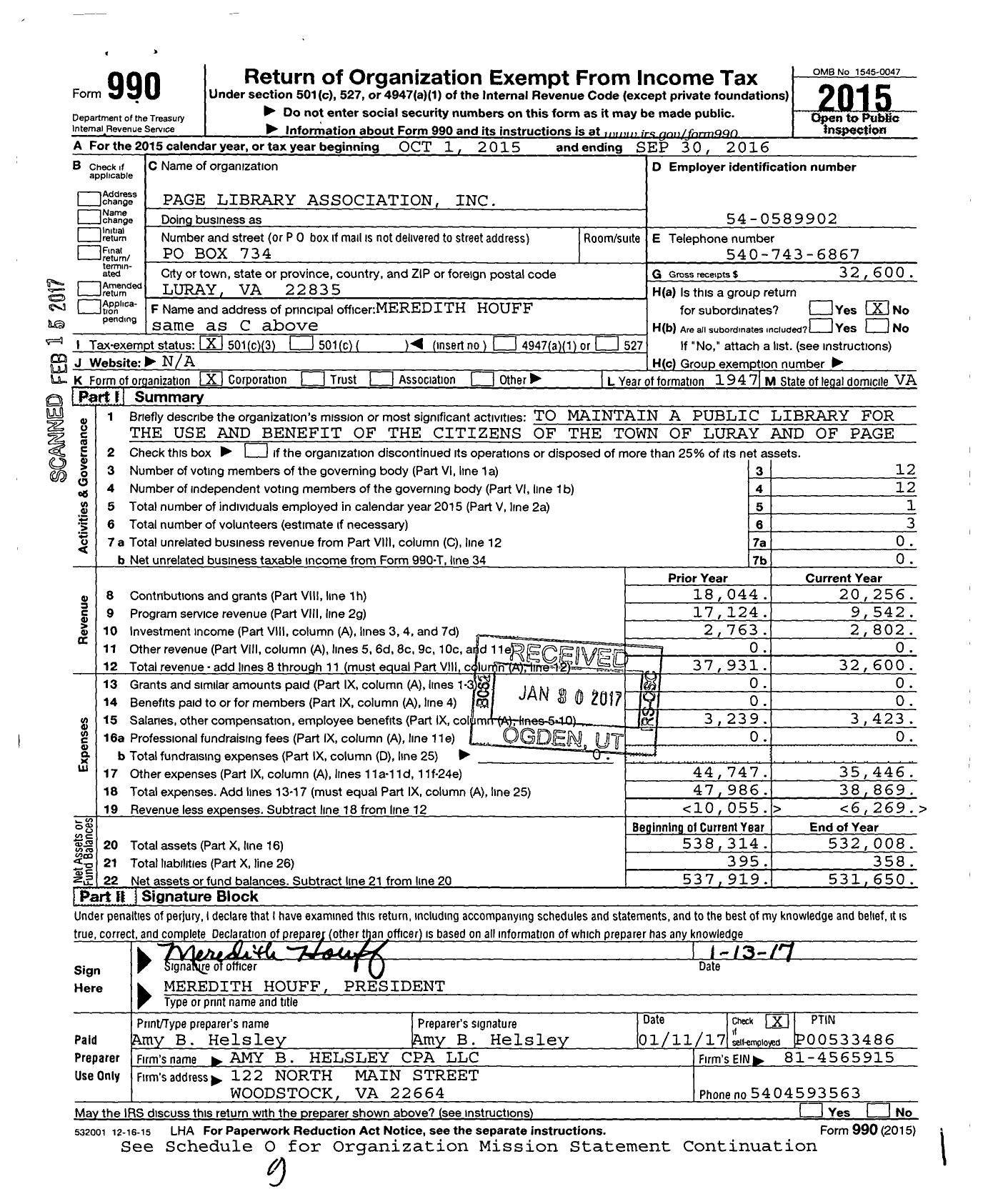 Image of first page of 2015 Form 990 for Page Library Association