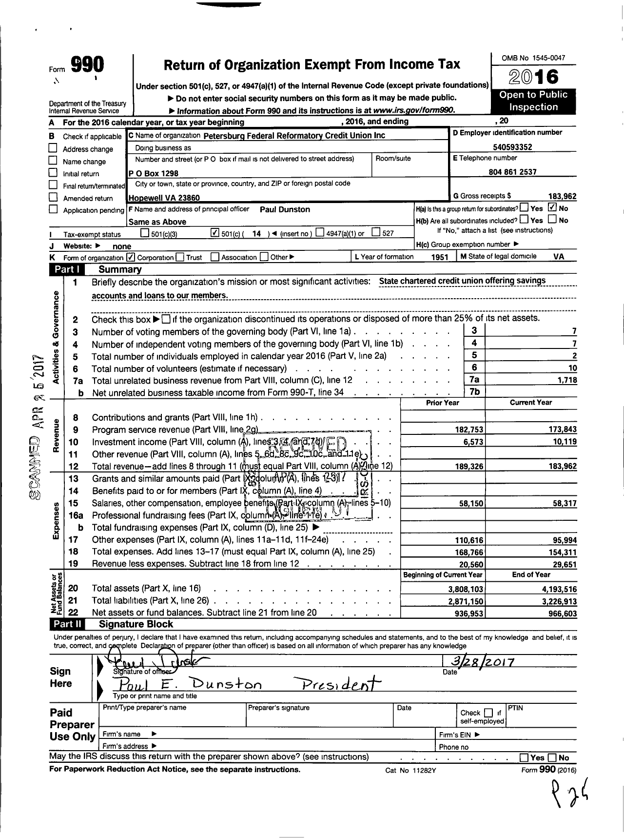 Image of first page of 2016 Form 990O for Petersburg Federal Reformatory Credit Union