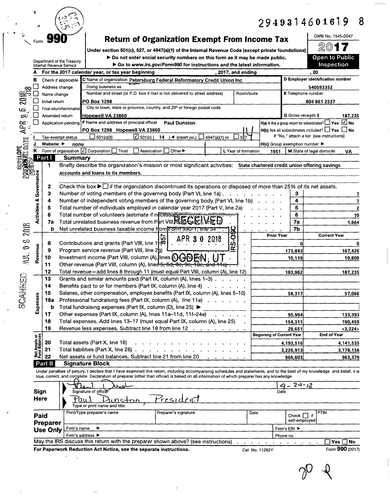 Image of first page of 2017 Form 990O for Petersburg Federal Reformatory Credit Union