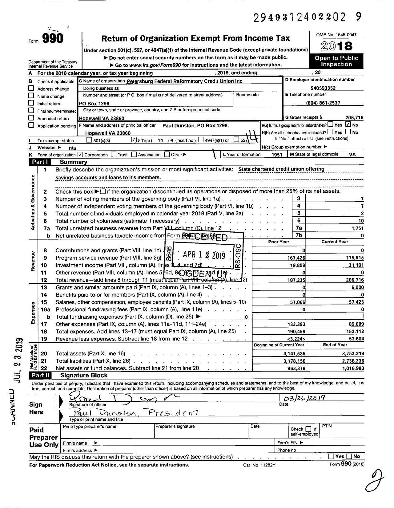 Image of first page of 2018 Form 990O for Petersburg Federal Reformatory Credit Union