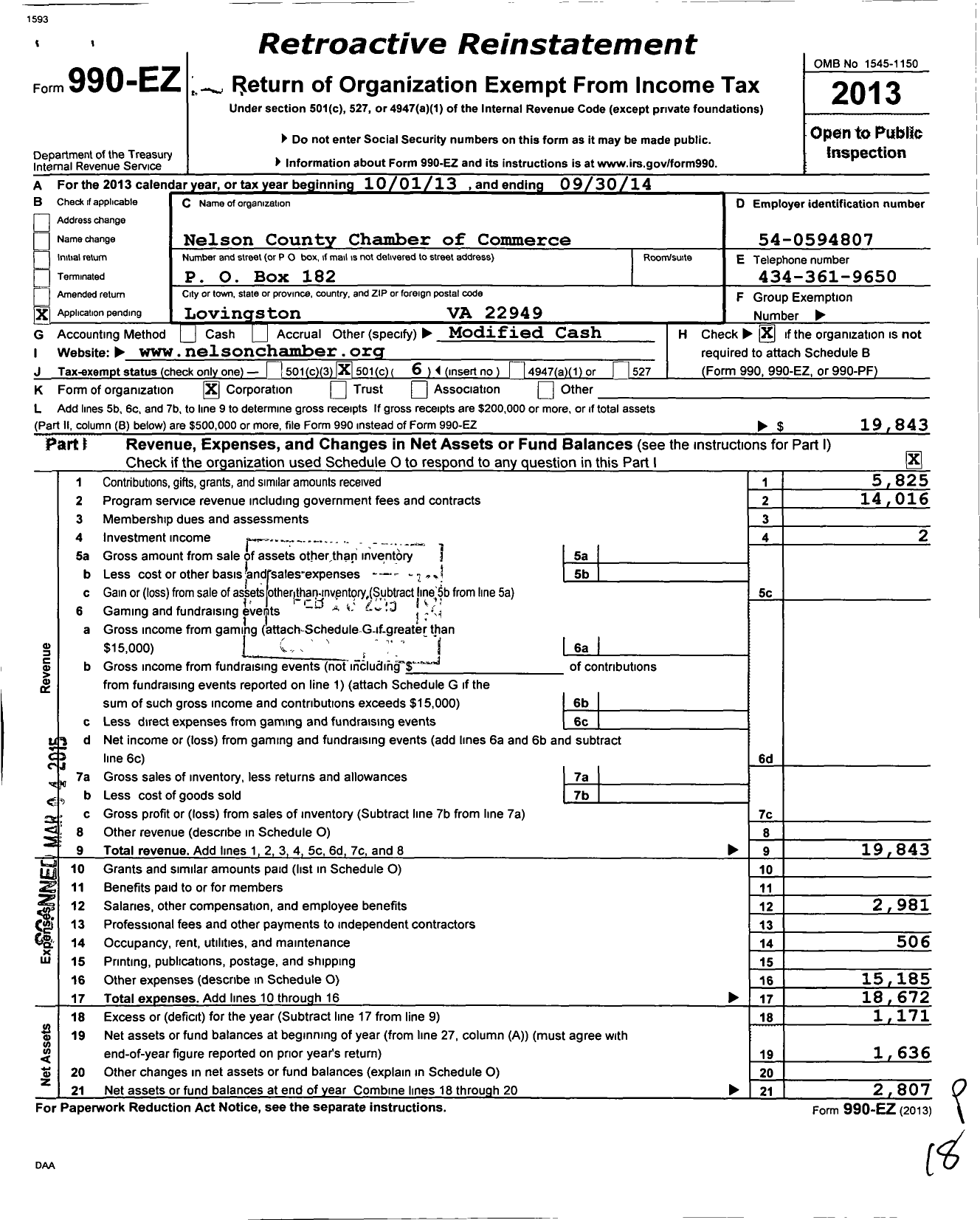 Image of first page of 2013 Form 990EO for Nelson County Chamber of Commerce