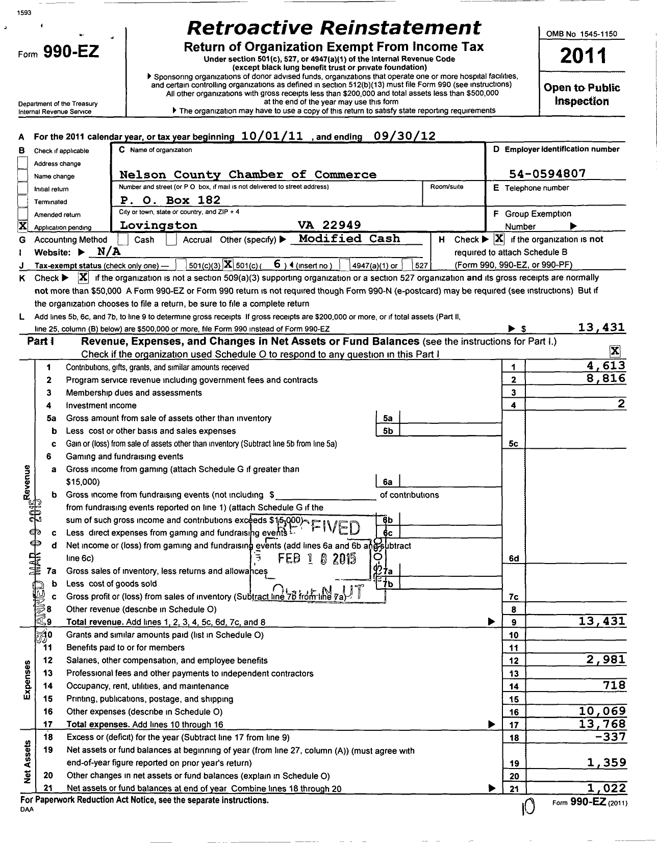 Image of first page of 2011 Form 990EO for Nelson County Chamber of Commerce