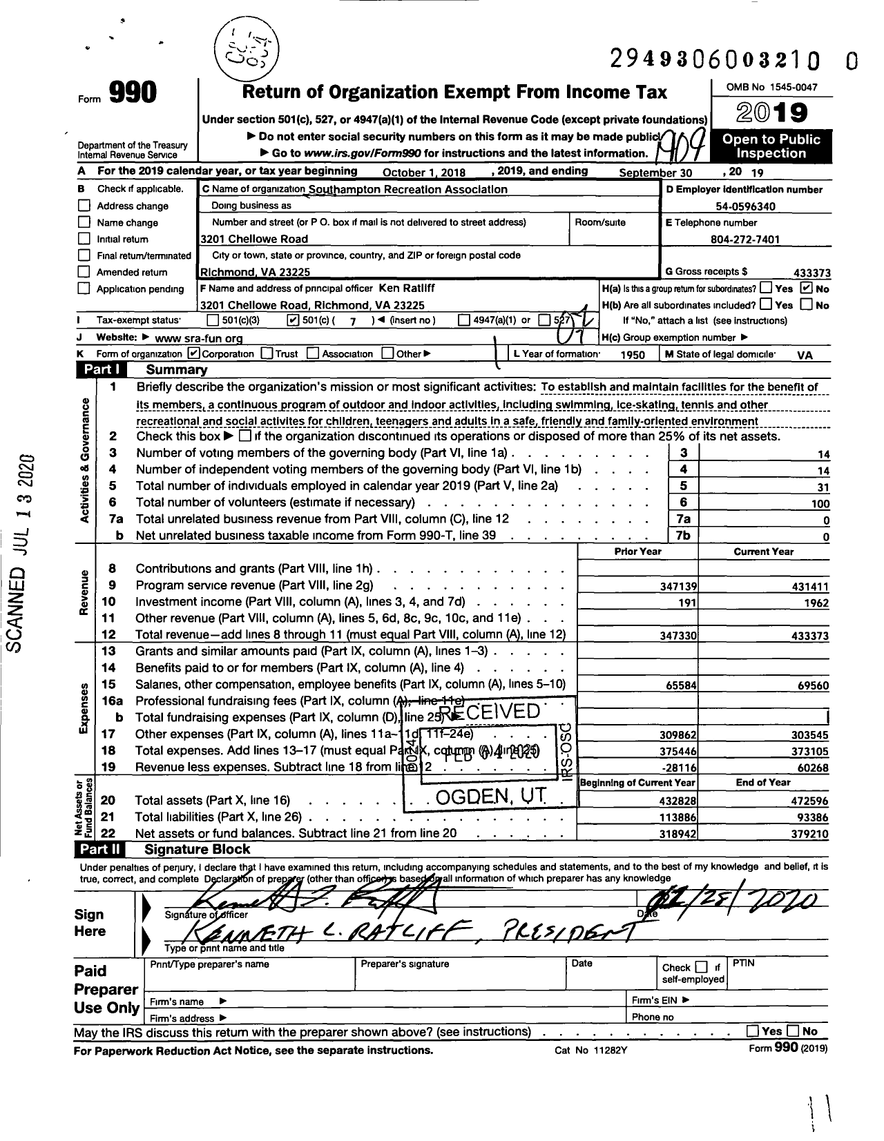 Image of first page of 2018 Form 990O for Southampton Recreation Association