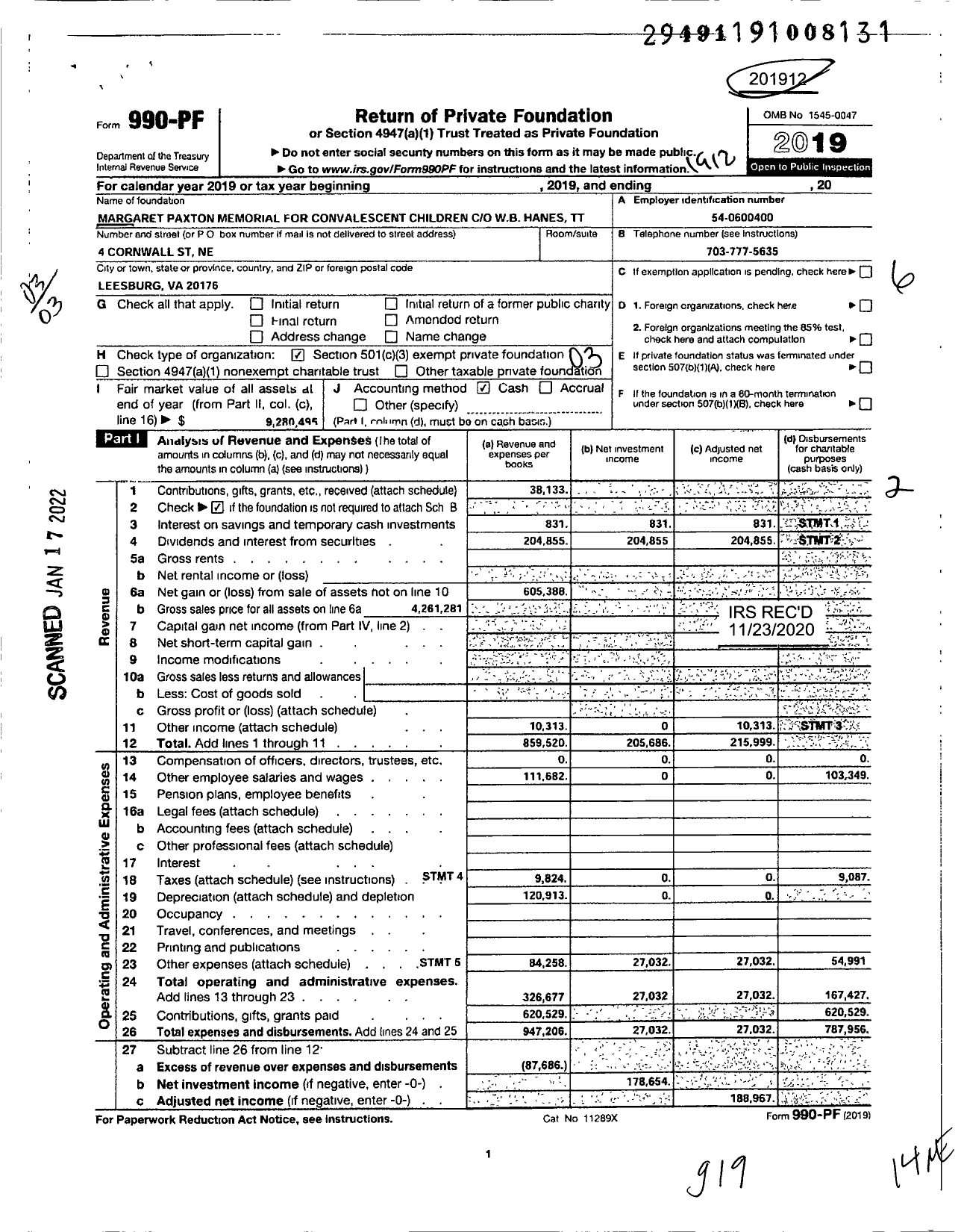 Image of first page of 2019 Form 990PF for Margaret Paxton Memorial for Convalescent Children