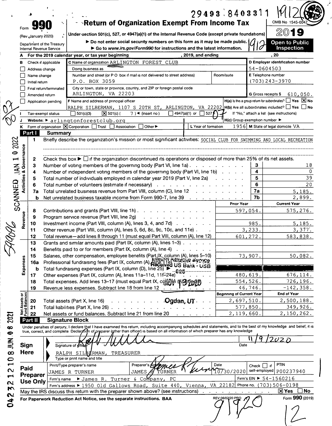 Image of first page of 2019 Form 990O for Arlington Forest Club