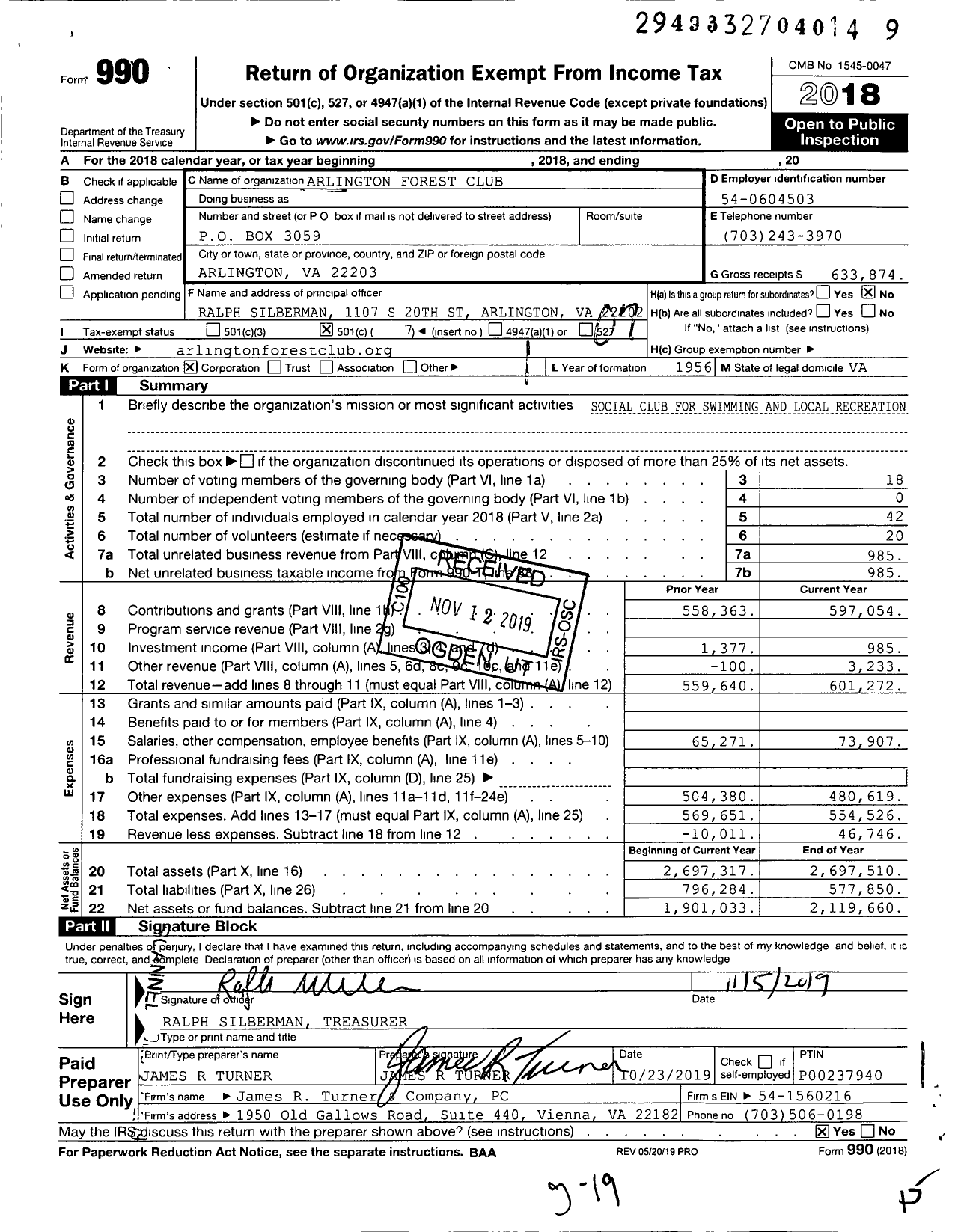 Image of first page of 2018 Form 990O for Arlington Forest Club