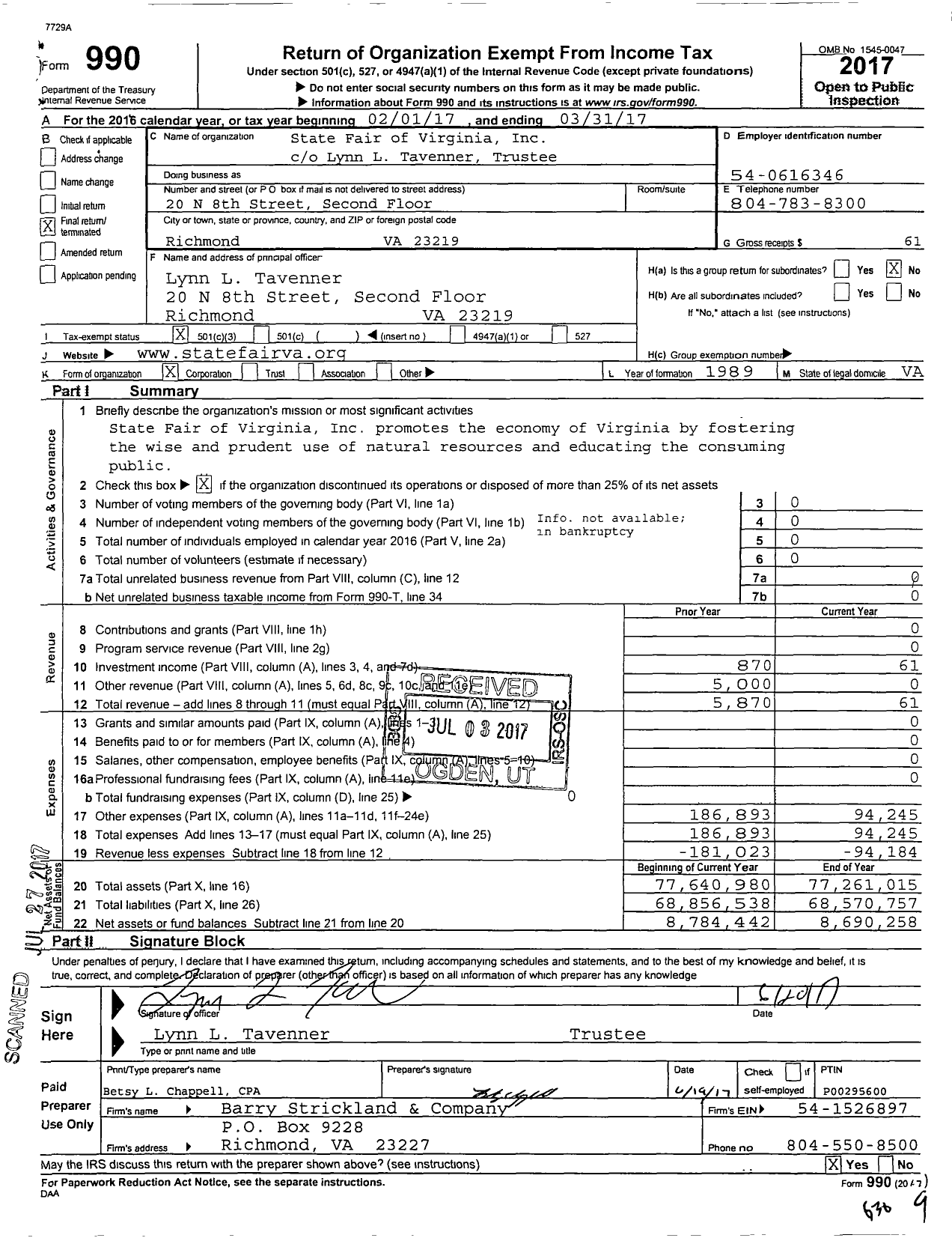 Image of first page of 2016 Form 990 for State Fair of Virginia