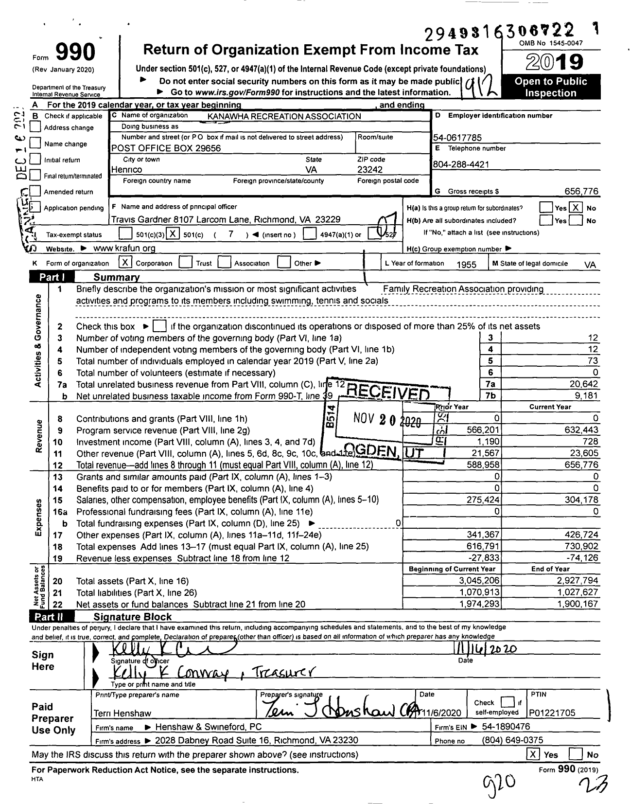 Image of first page of 2019 Form 990O for Kanawha Recreation Association