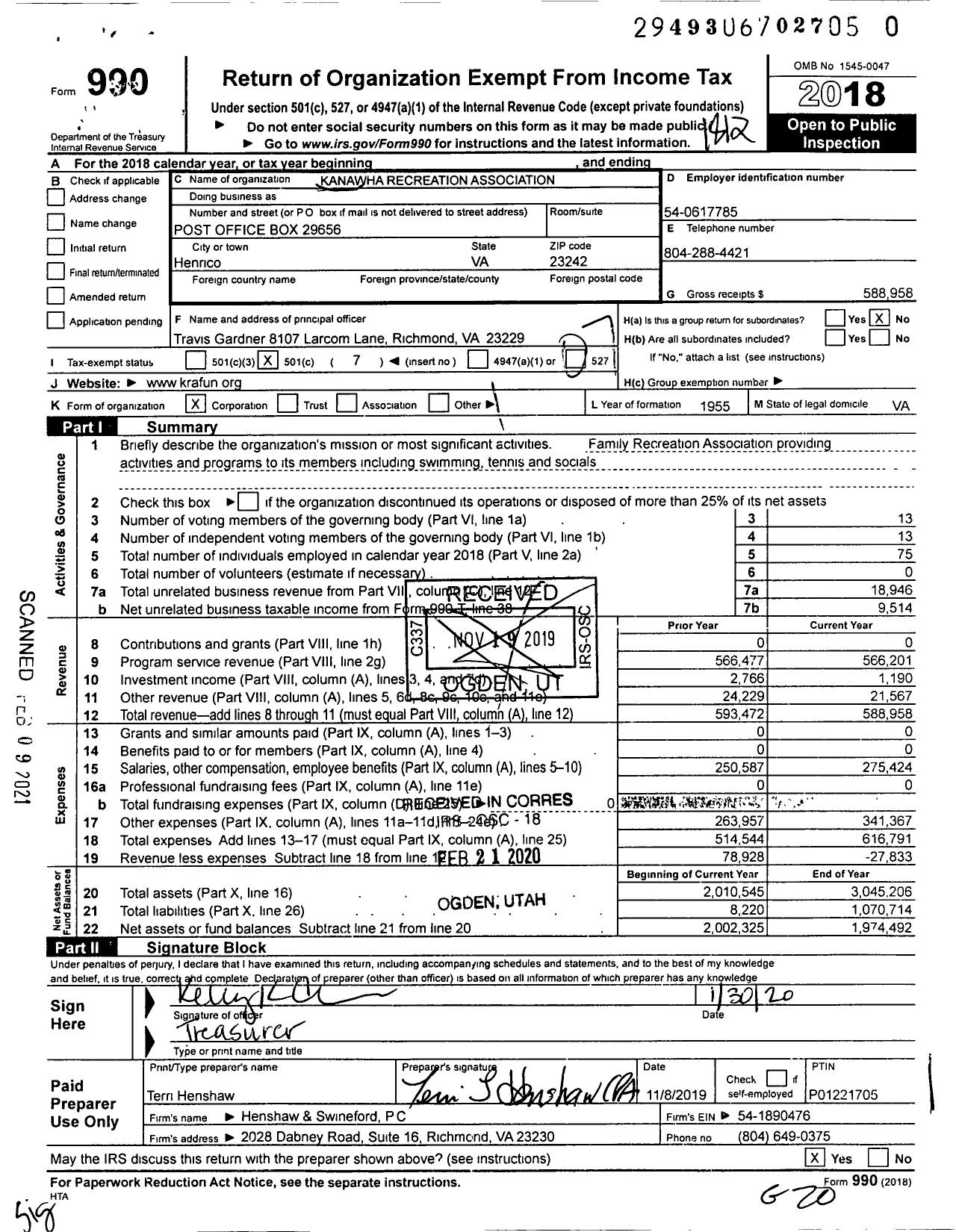 Image of first page of 2018 Form 990O for Kanawha Recreation Association