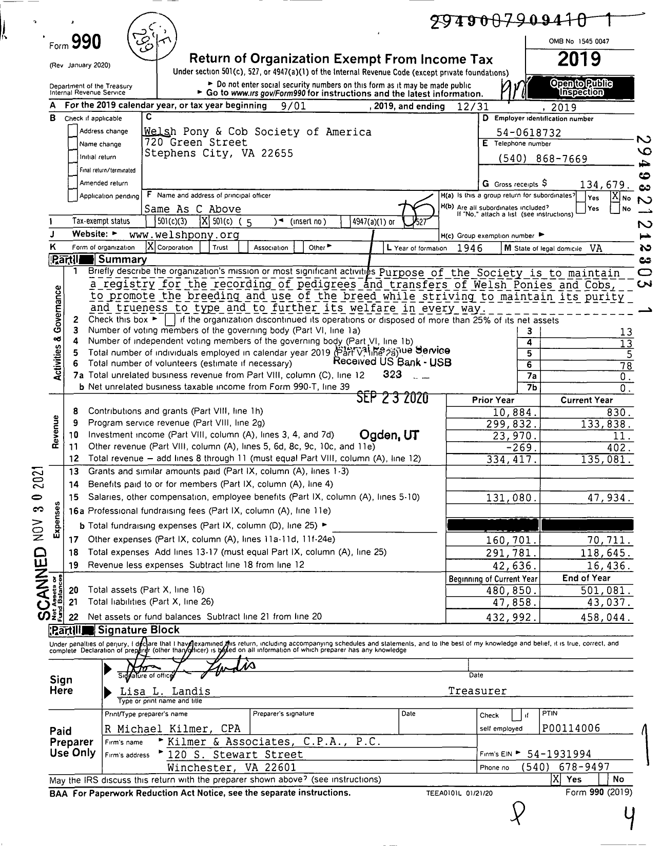 Image of first page of 2019 Form 990O for Welsh Pony & Cob Society of America