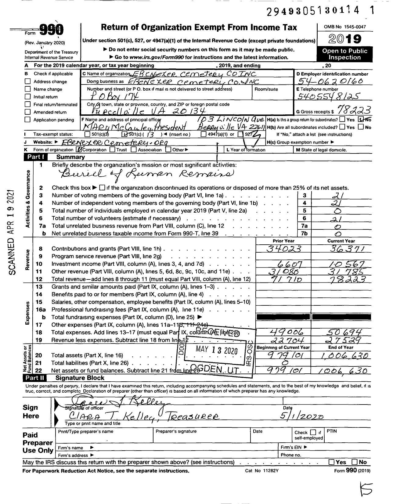 Image of first page of 2019 Form 990O for Ebenezer Cemetery