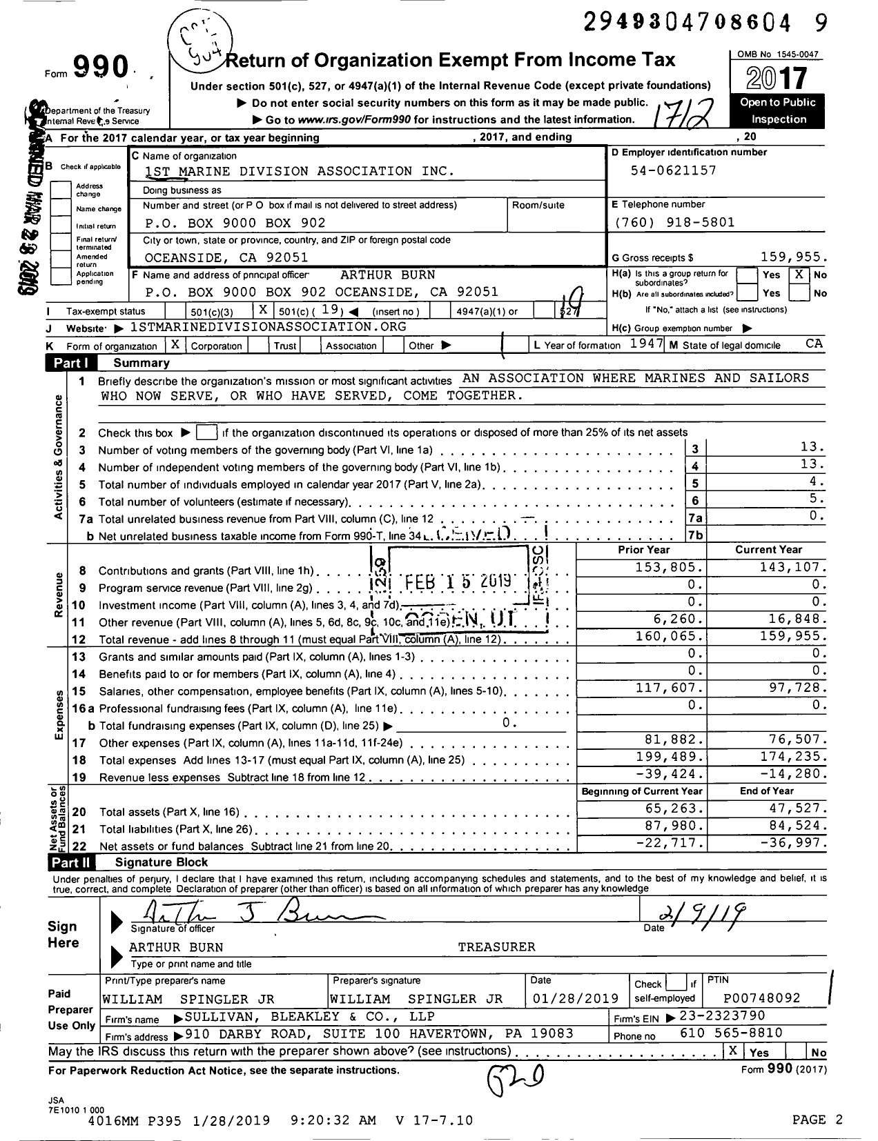 Image of first page of 2017 Form 990O for 1st Marine Division Association