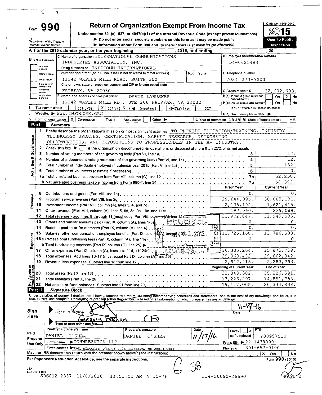 Image of first page of 2015 Form 990O for Avixa