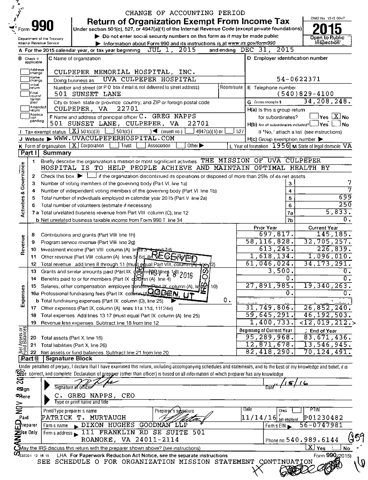 Image of first page of 2015 Form 990 for UVA Culpeper Medical Center