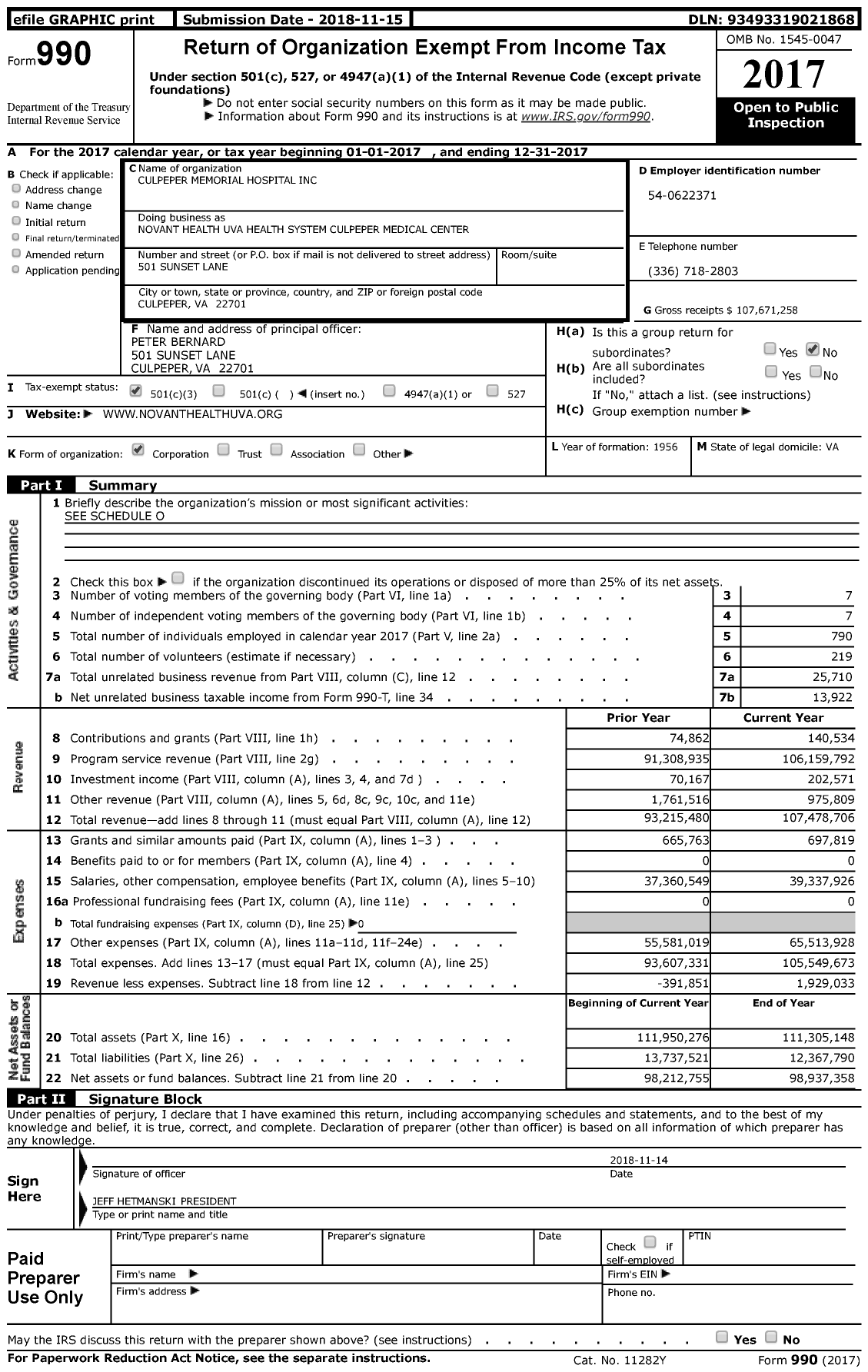 Image of first page of 2017 Form 990 for UVA Culpeper Medical Center