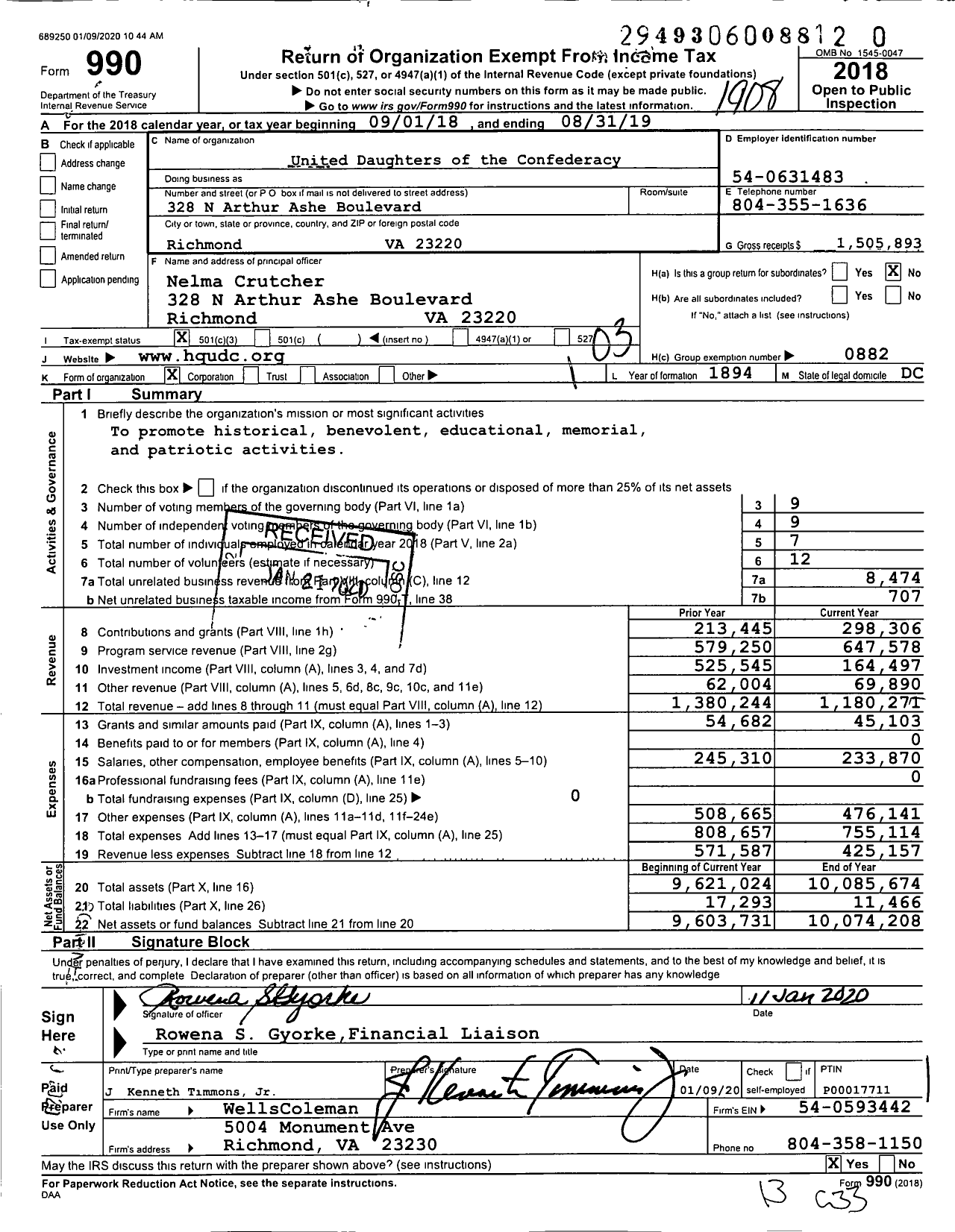 Image of first page of 2018 Form 990 for United Daughters of the Confederacy