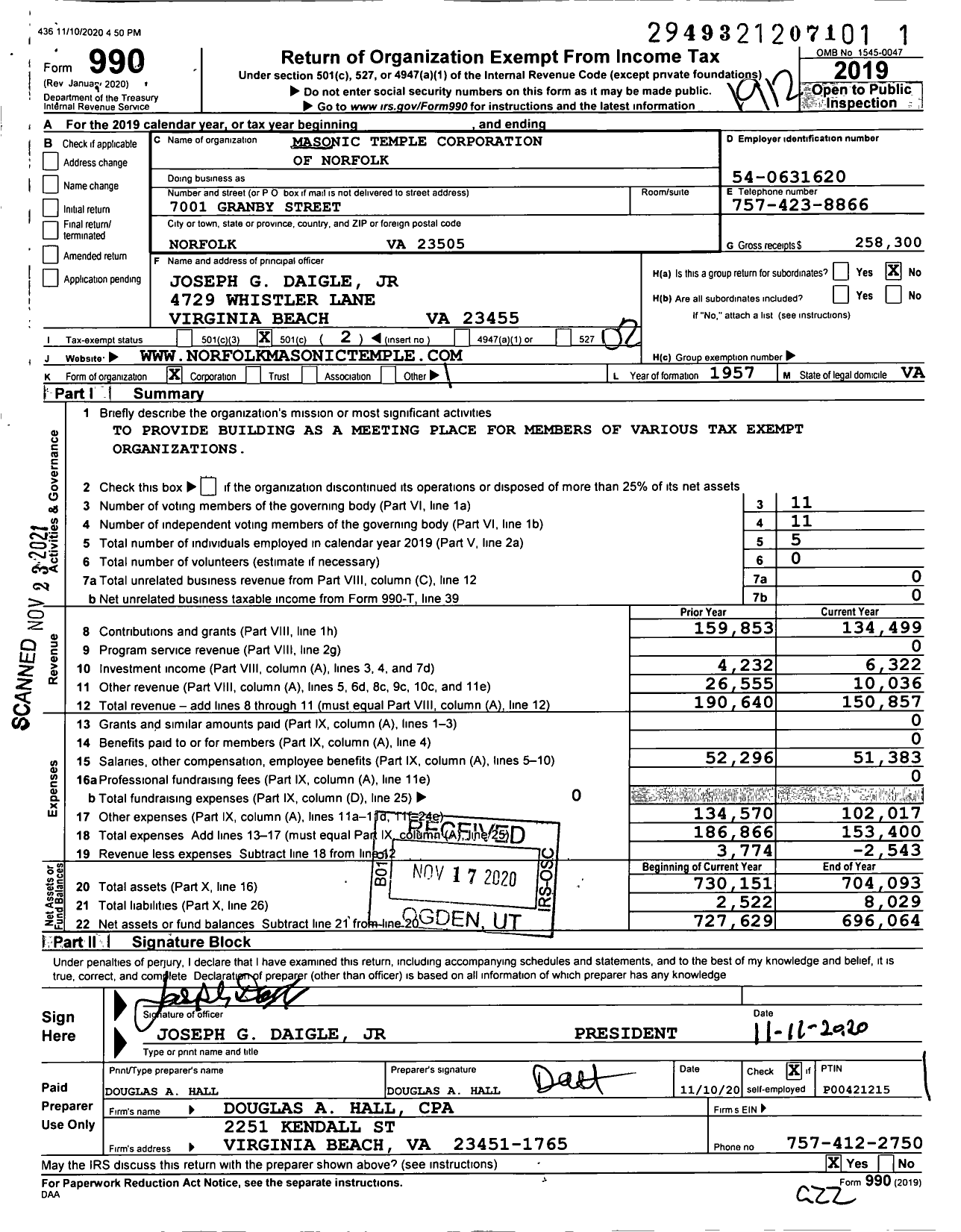 Image of first page of 2019 Form 990O for Masonic Temple Corporation of Norfolk