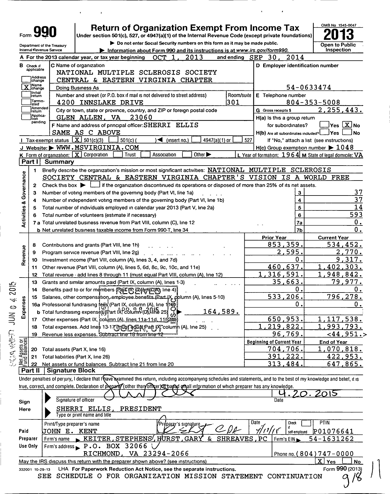 Image of first page of 2013 Form 990 for National Multiple Sclerosis Society Virginia - West Virginia Chapter