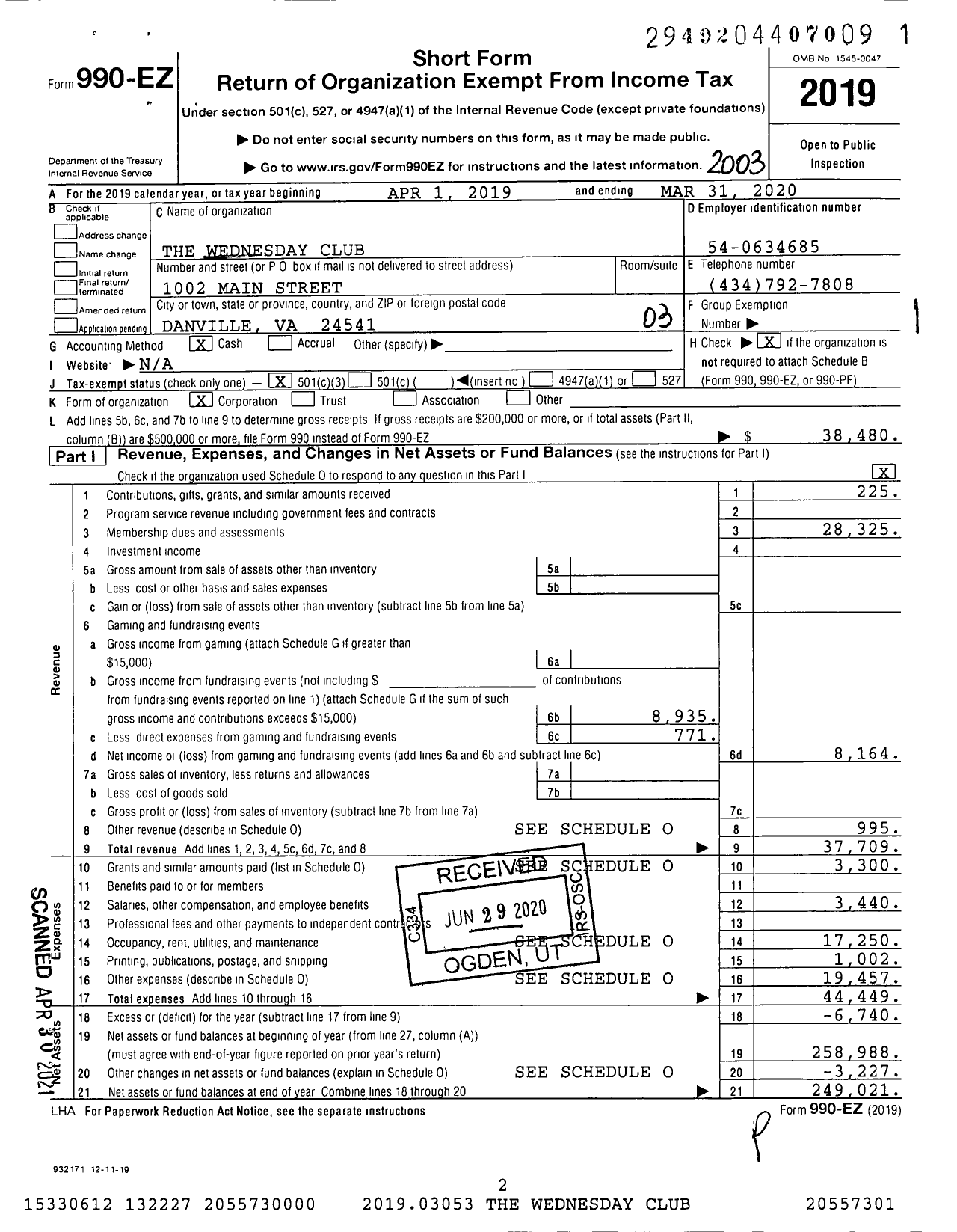 Image of first page of 2019 Form 990EZ for The Wednesday Club