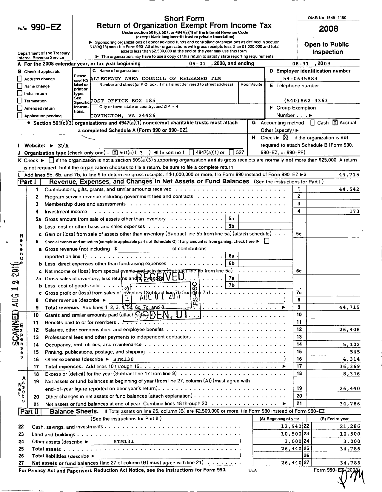 Image of first page of 2008 Form 990EZ for Alleghany Area Council of Released Time Weekday Religious Education I
