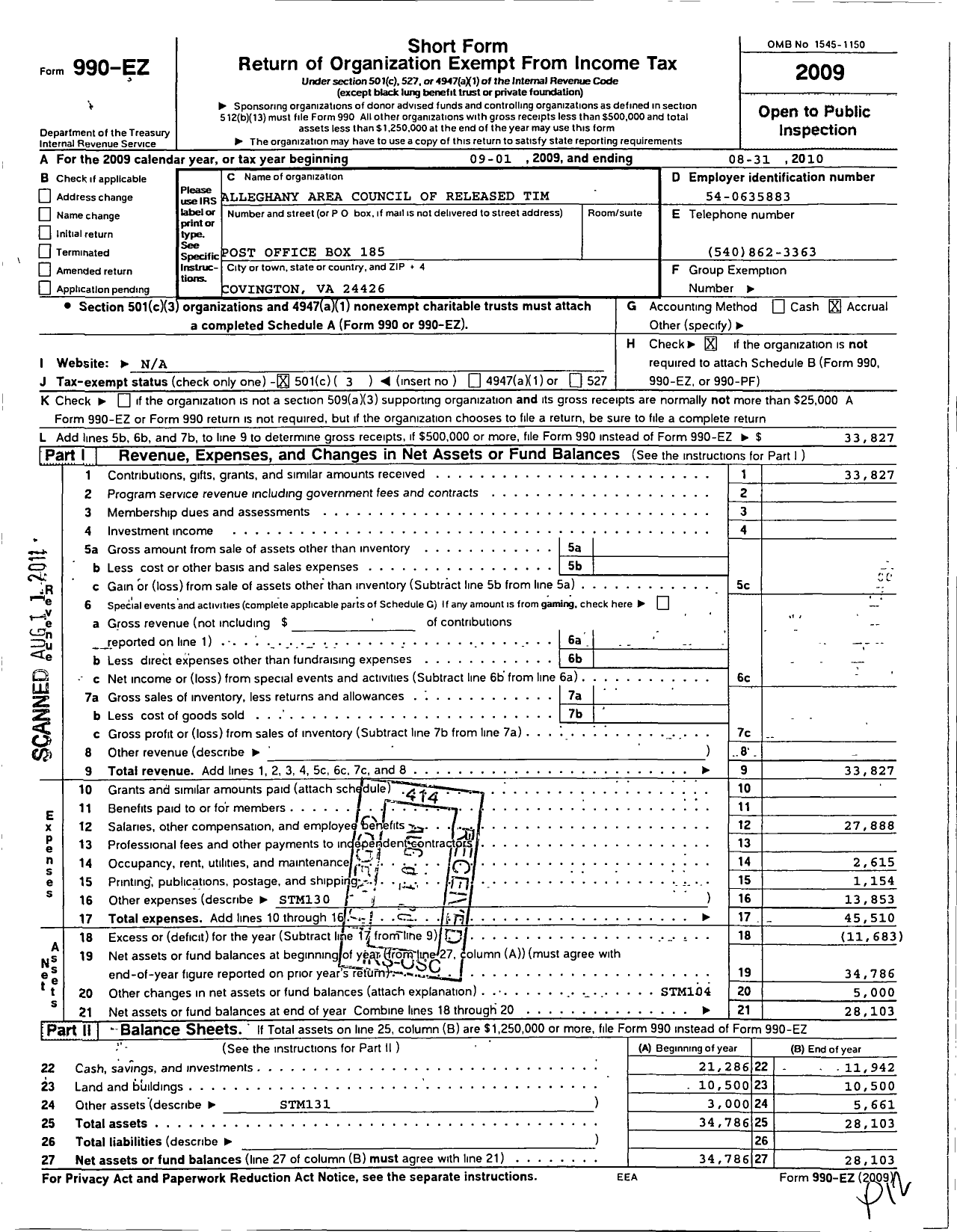Image of first page of 2009 Form 990EZ for Alleghany Area Council of Released Time Weekday Religious Education I