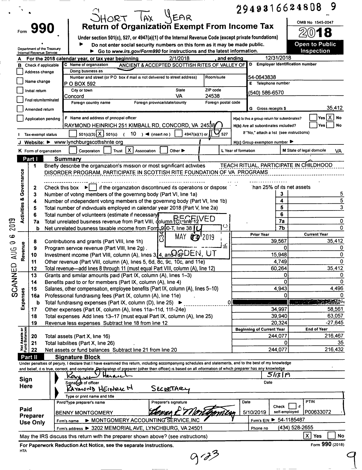 Image of first page of 2018 Form 990O for Scottish Rite of Freemasonry Southern Jurisdiction - Valley of Lynchburg & Coord Bodies