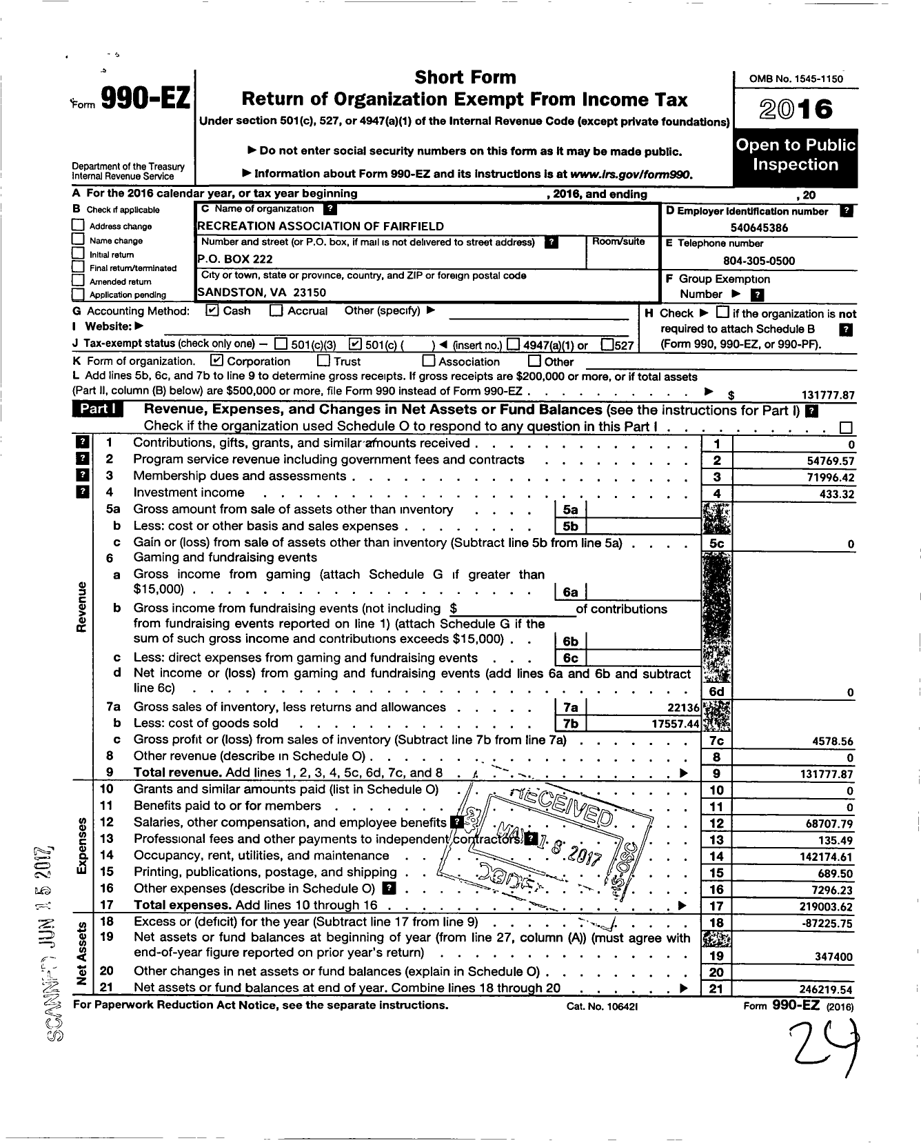 Image of first page of 2016 Form 990EO for Recreation Association of Fairfield