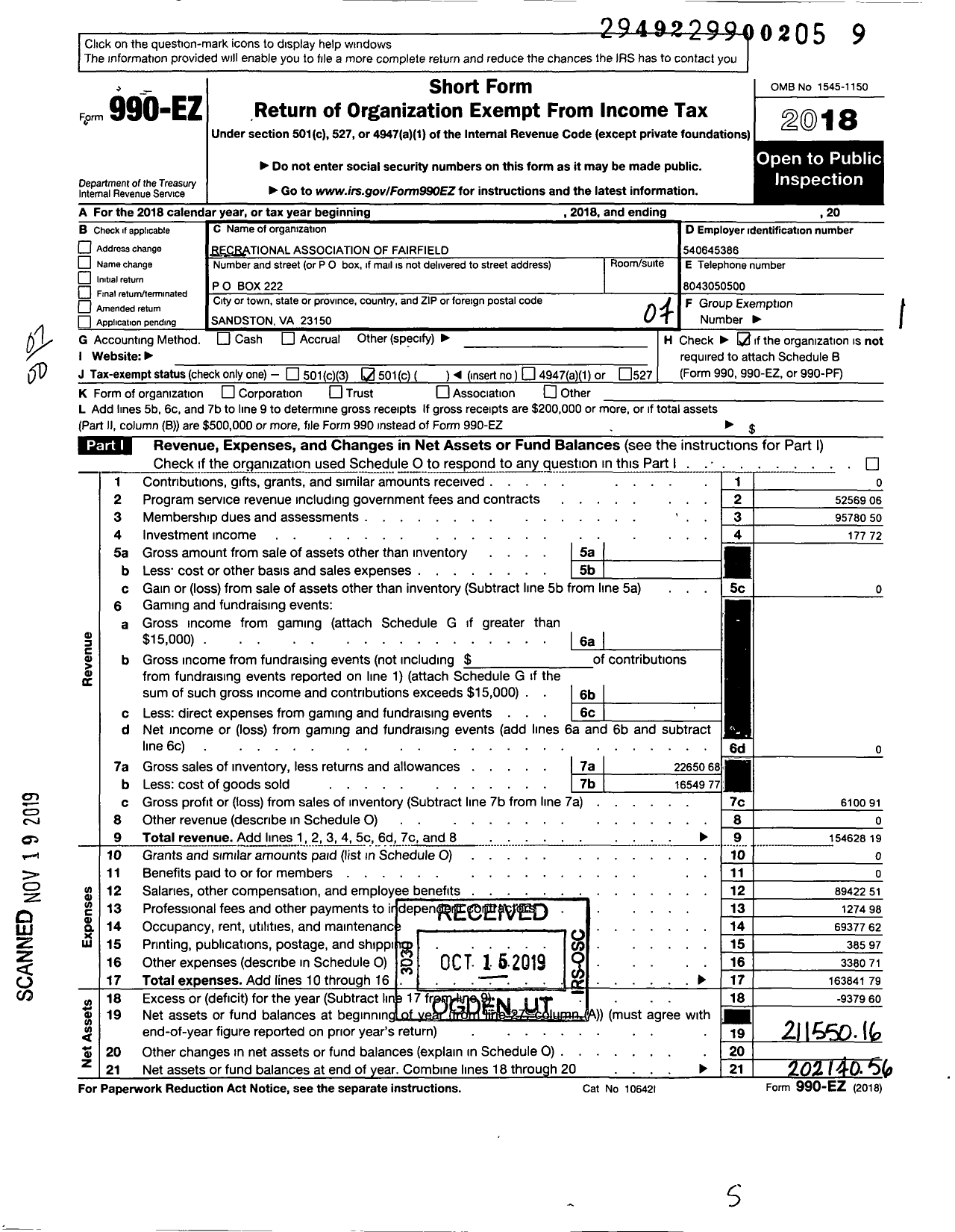 Image of first page of 2018 Form 990EO for Recreation Association of Fairfield