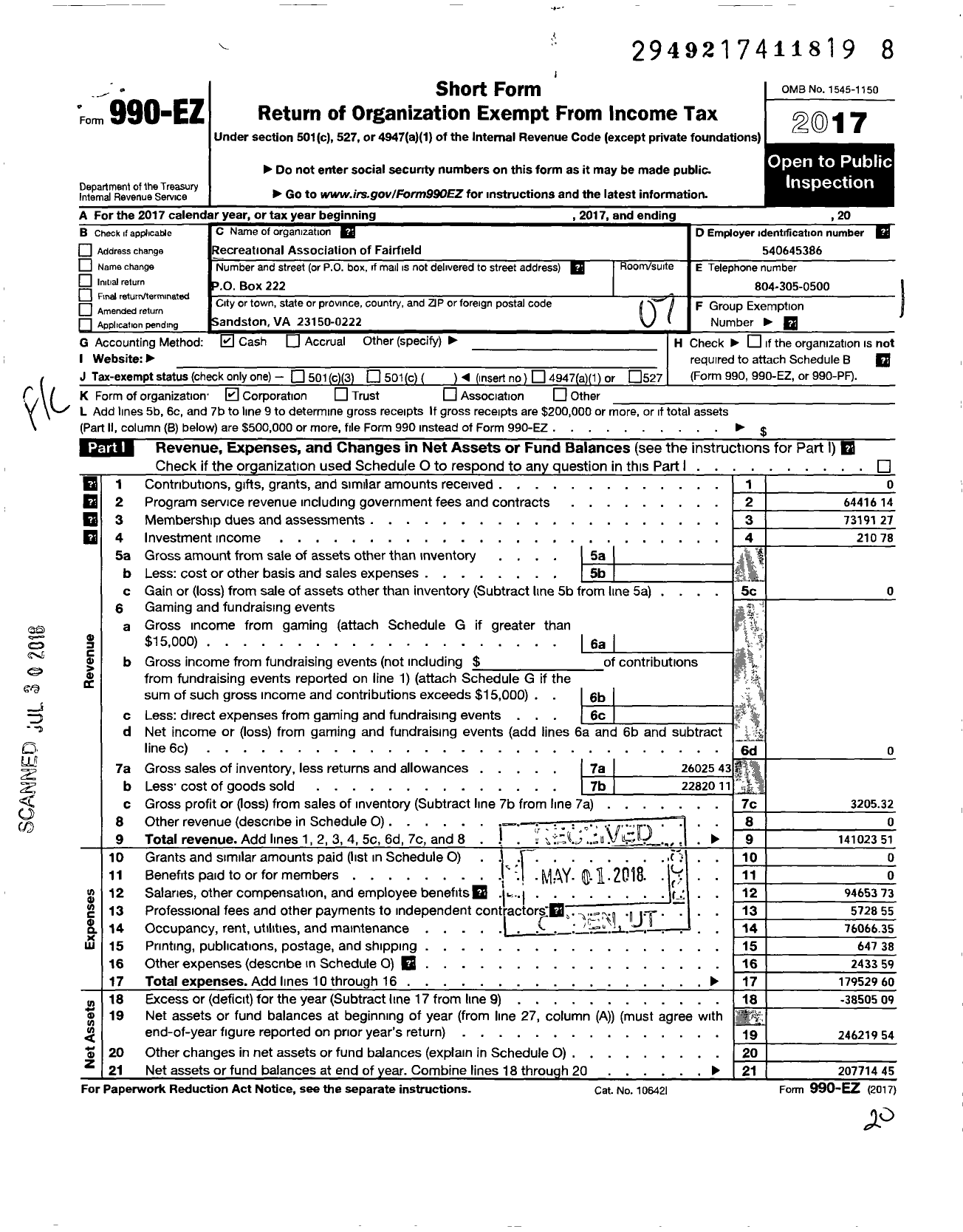 Image of first page of 2017 Form 990EO for Recreation Association of Fairfield