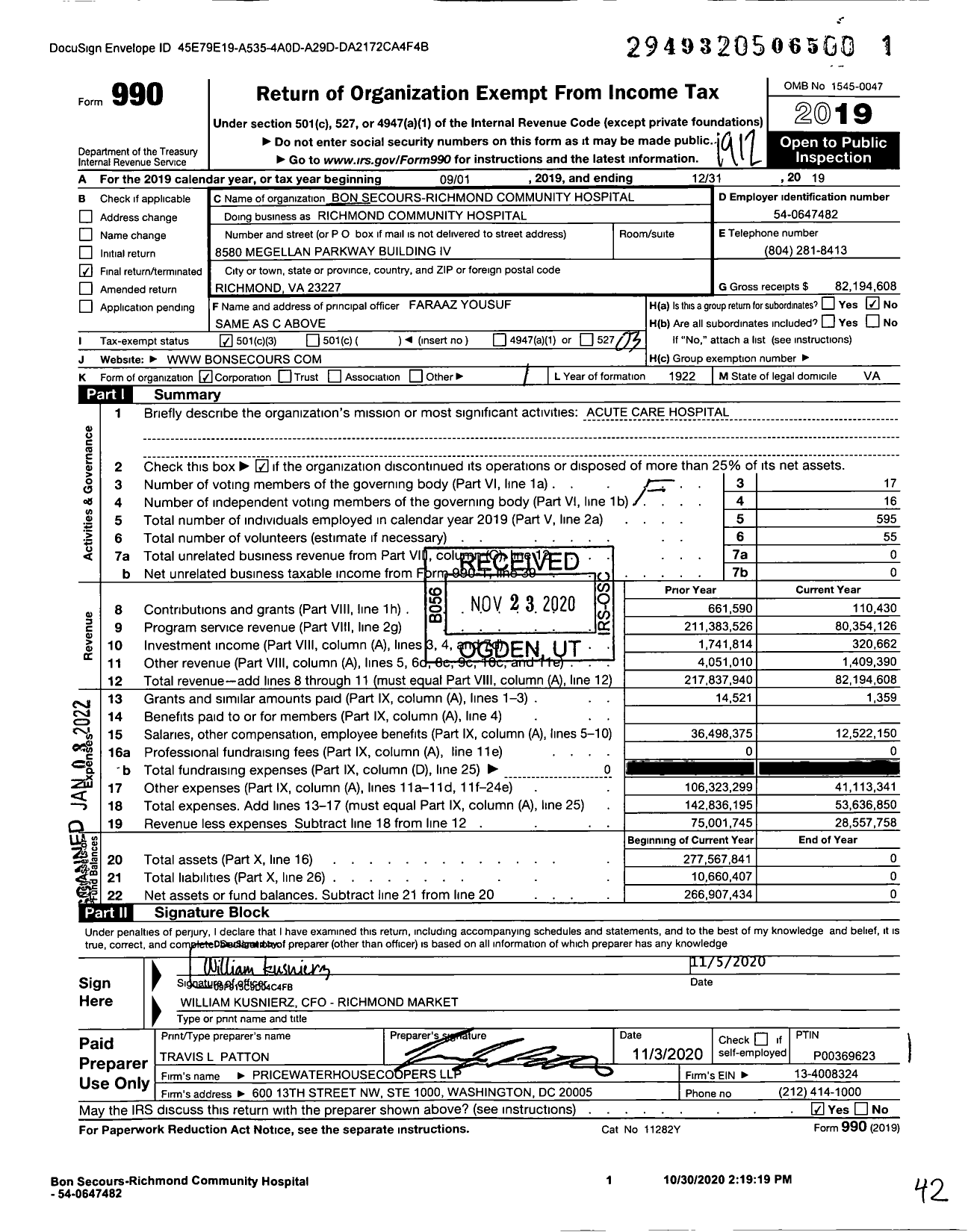 Image of first page of 2019 Form 990 for Bon Secours-Richmond Community Hospital