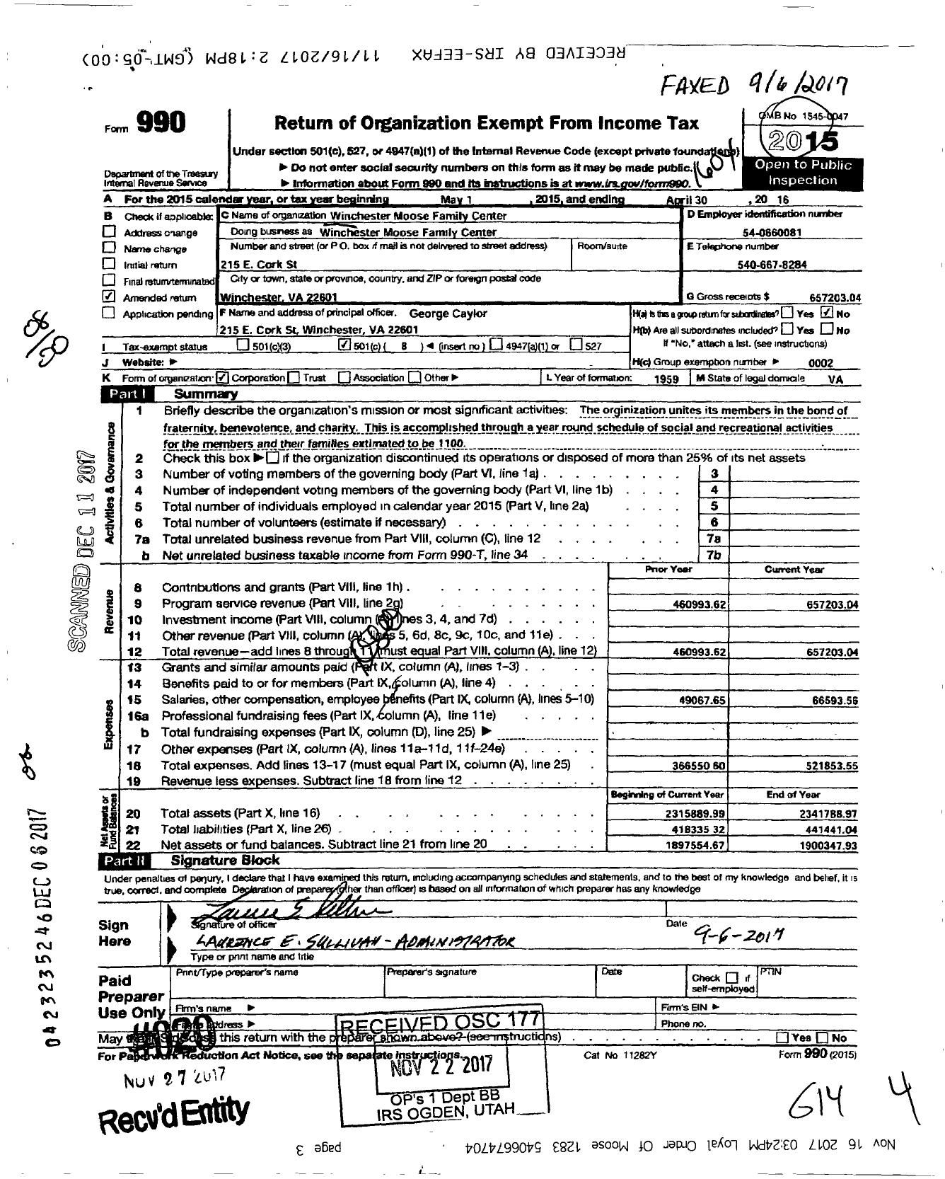 Image of first page of 2015 Form 990O for Loyal Order of Moose - Winchester Moose Family center