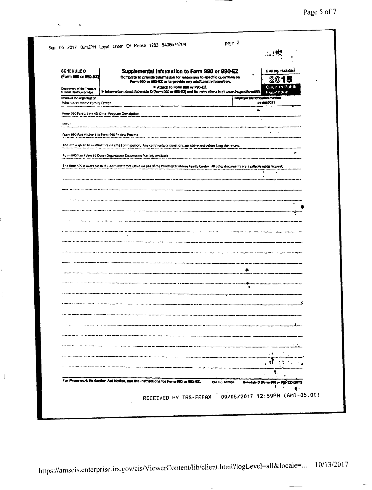 Image of first page of 2014 Form 990R for Loyal Order of Moose - Winchester Moose Family center