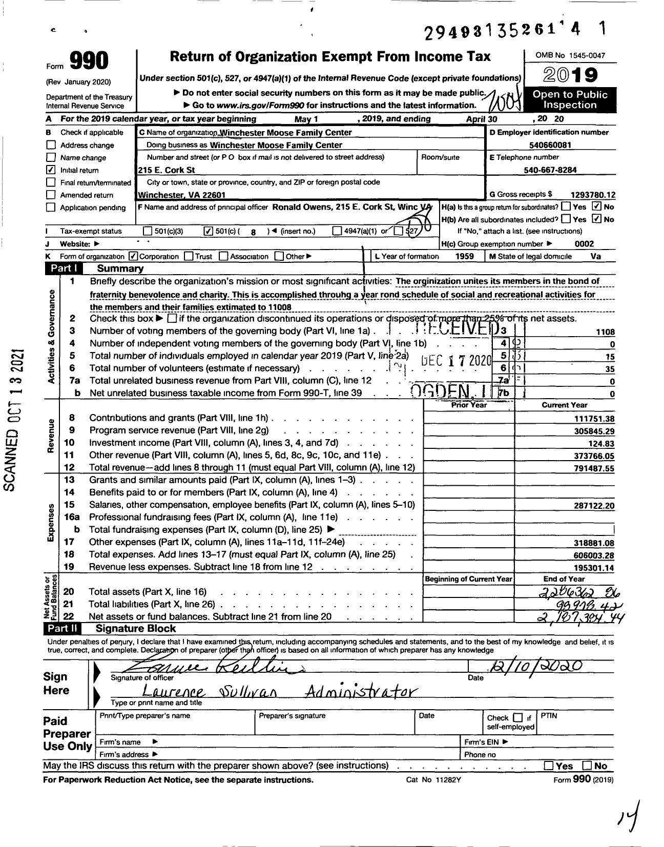 Image of first page of 2019 Form 990O for Loyal Order of Moose - Winchester Moose Family center