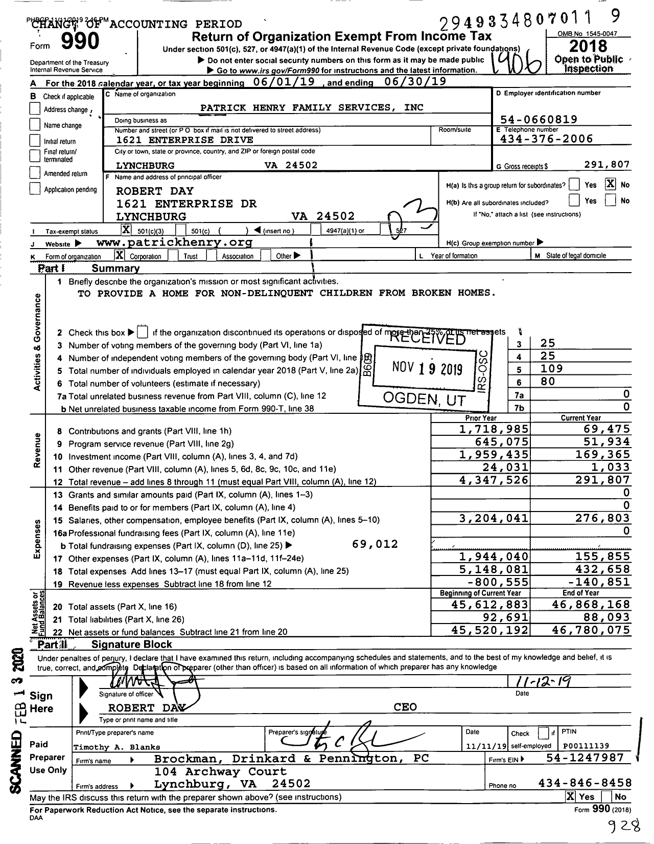 Image of first page of 2018 Form 990 for Patrick Henry Family Services (PHFS)