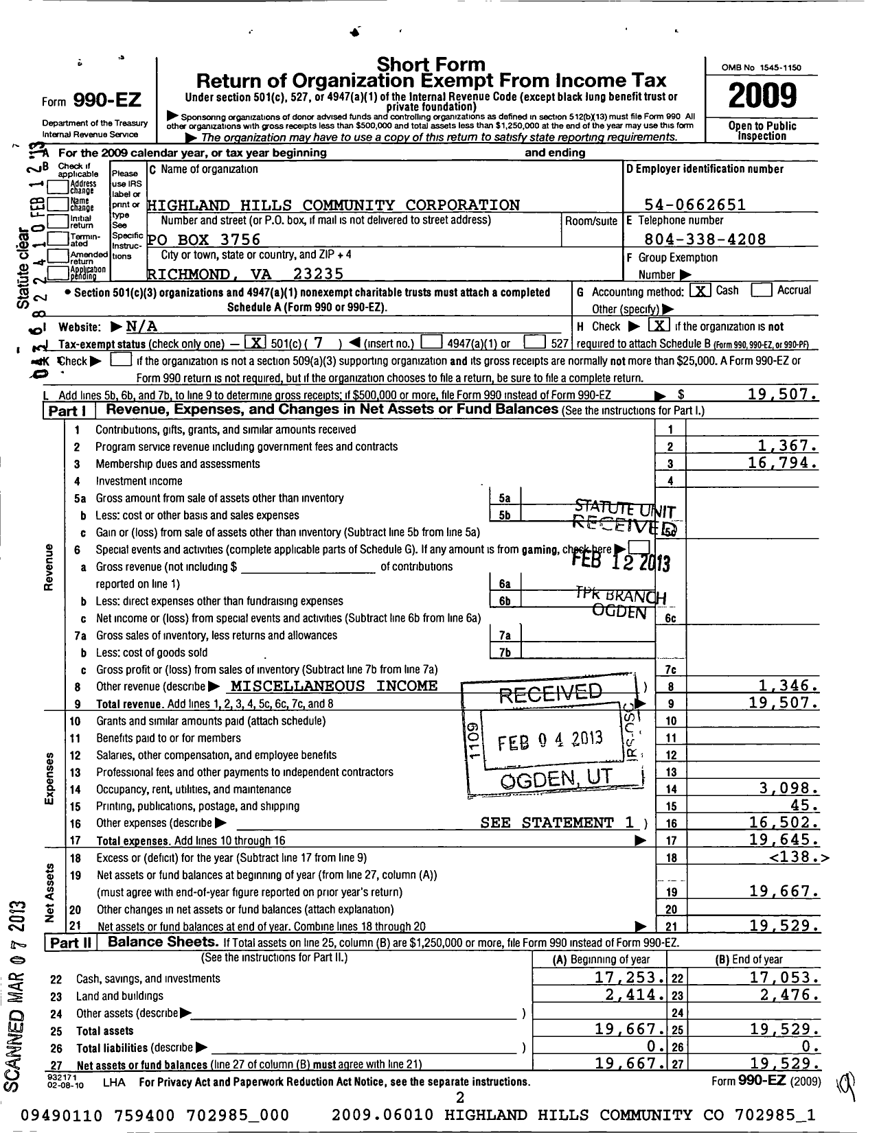 Image of first page of 2009 Form 990EO for Highland Hills Community Corporation