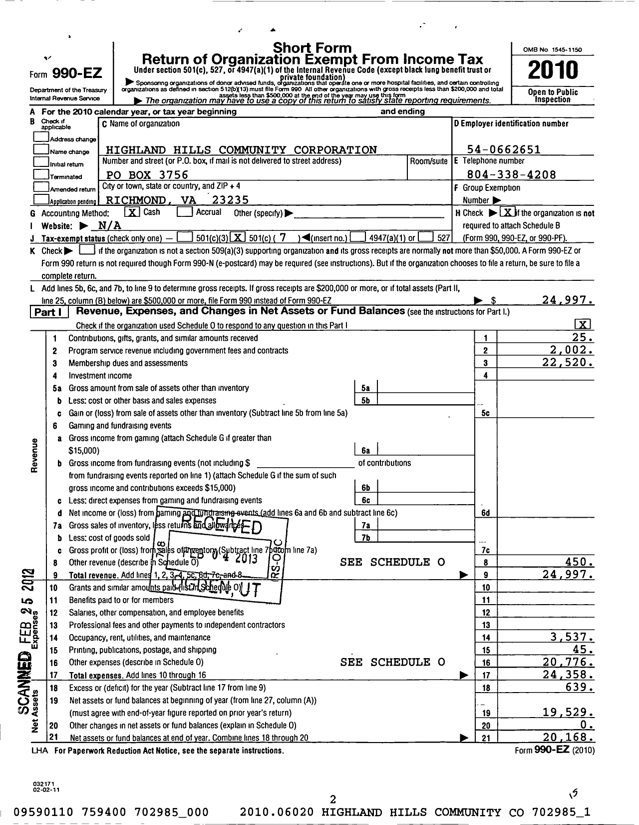 Image of first page of 2010 Form 990EO for Highland Hills Community Corporation