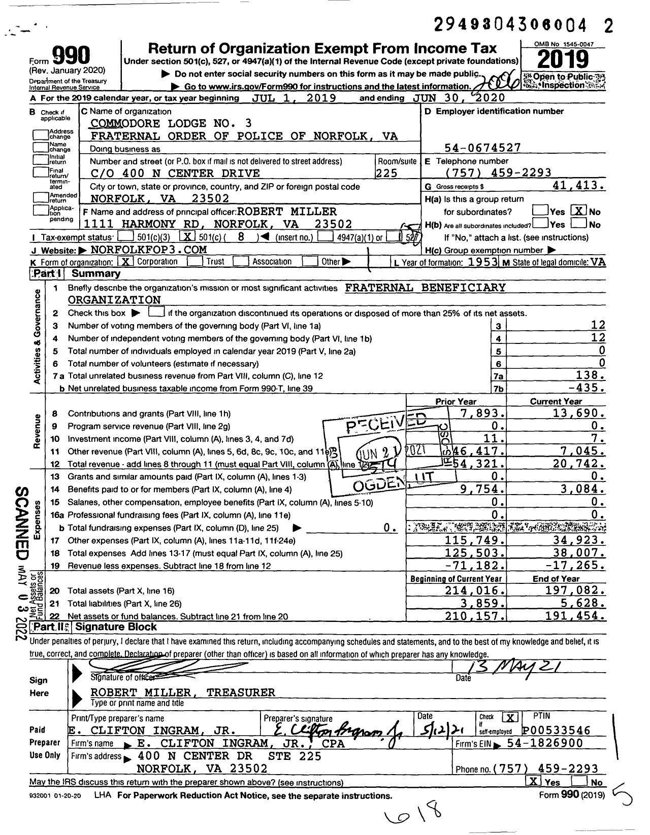 Image of first page of 2019 Form 990O for Fraternal Order of Police - 3 Commodore Lodge