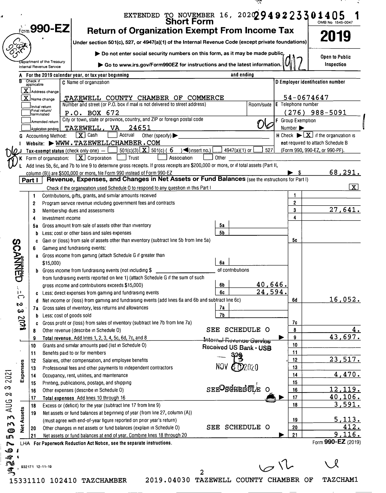 Image of first page of 2019 Form 990EO for Tazewell County Chamber of Commerce