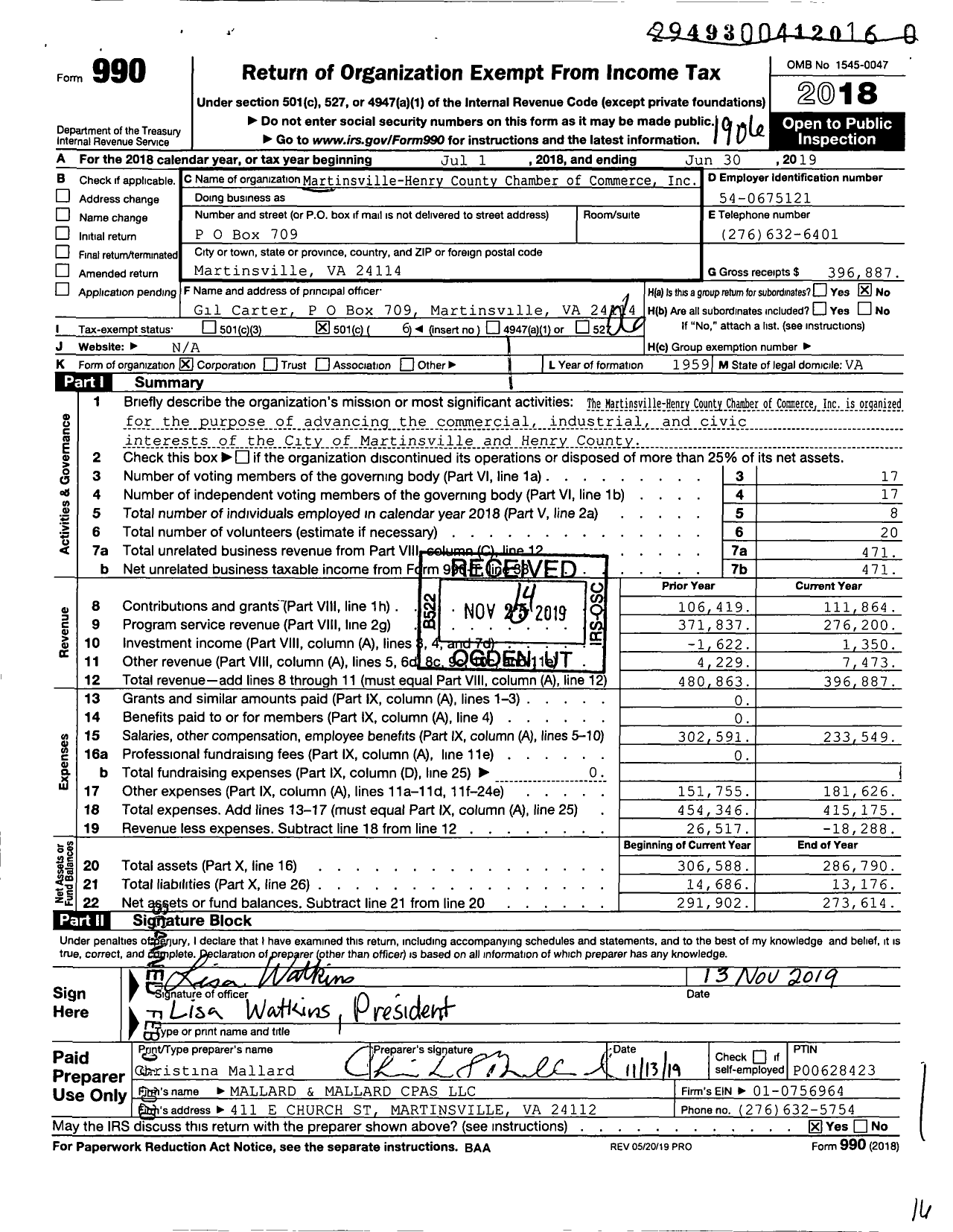 Image of first page of 2018 Form 990O for Martinsville-Henry County Chamber of Commerce